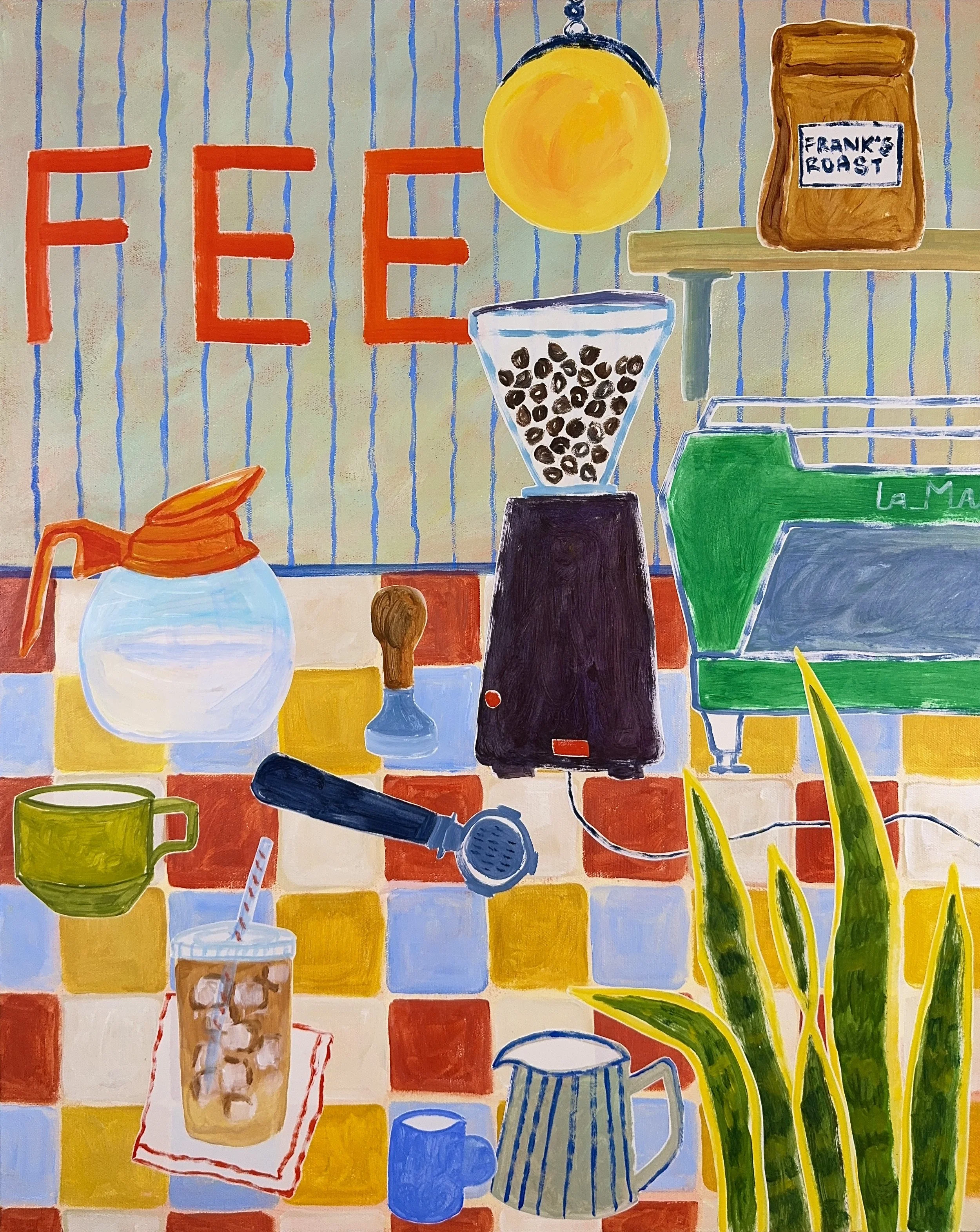 Can I Get You a Cup? (2/2): 24x30. Acrylic and painted paper collage on canvas