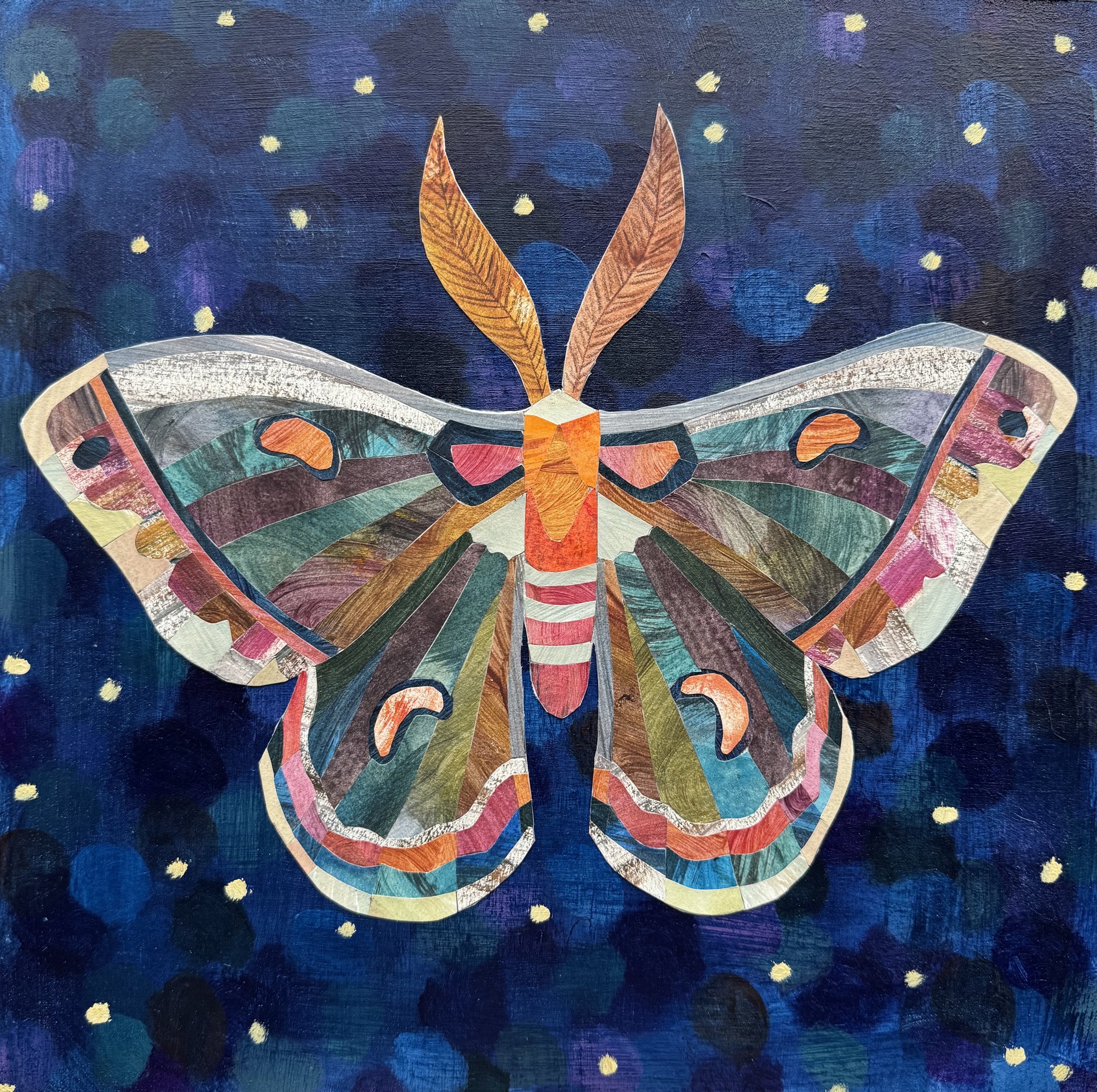 Cecropia Moth: 12x12 wood cradled board. Acrylic and collaged painted papers