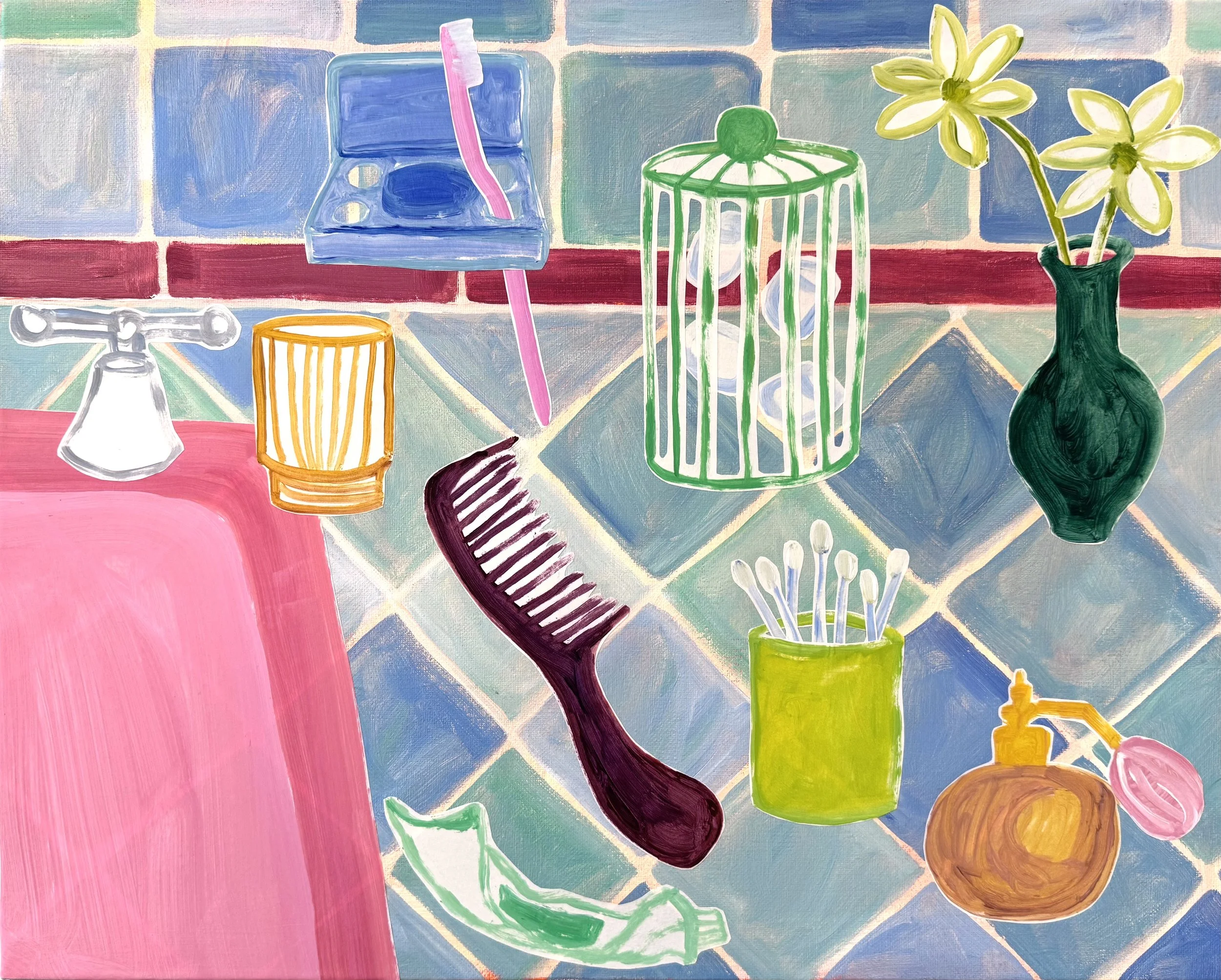 The Blue Bathroom: 16x20. Acrylic and collage on canvas