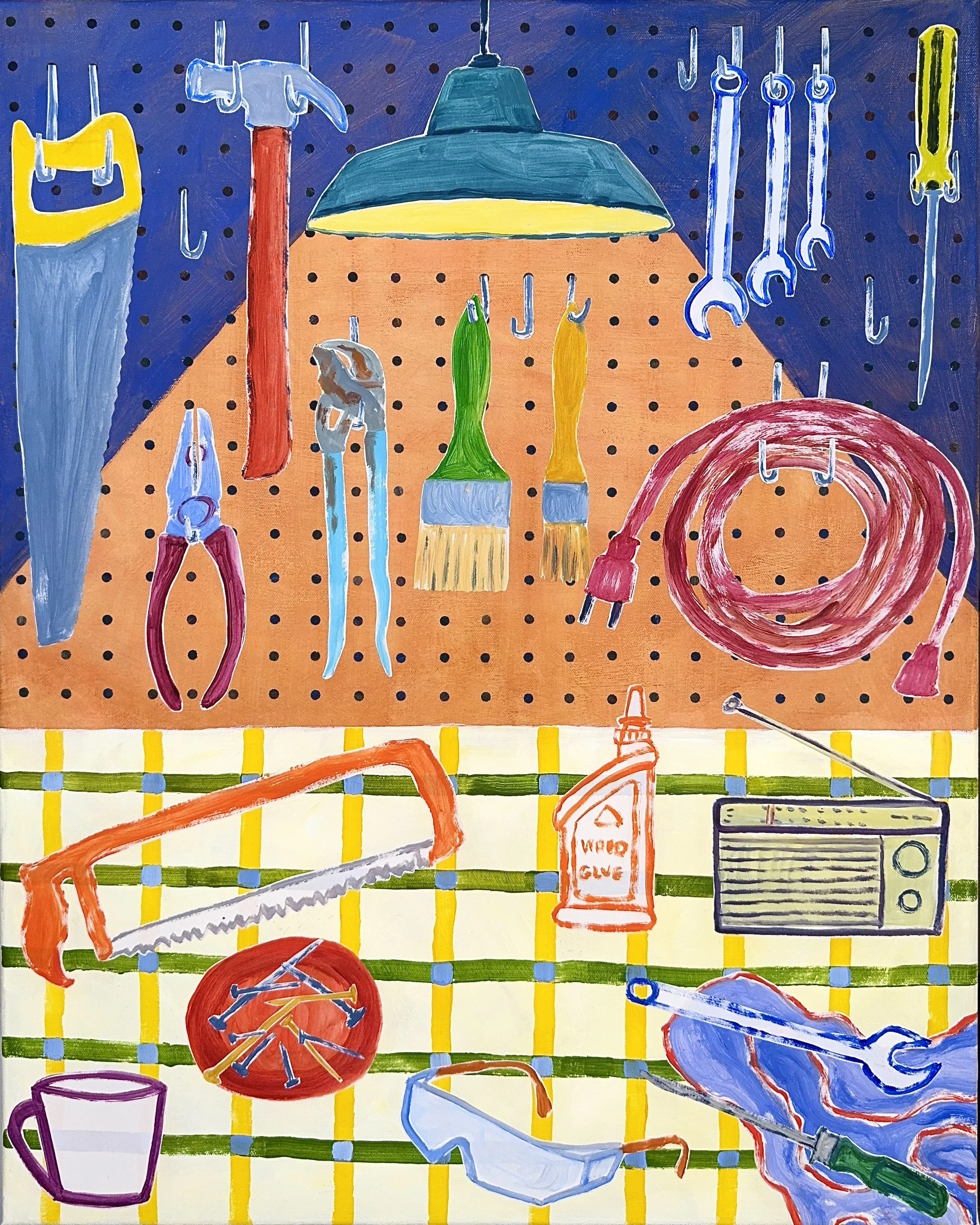 Evening at the Workbench: 24x30. Acrylic and painted paper collage on canvas