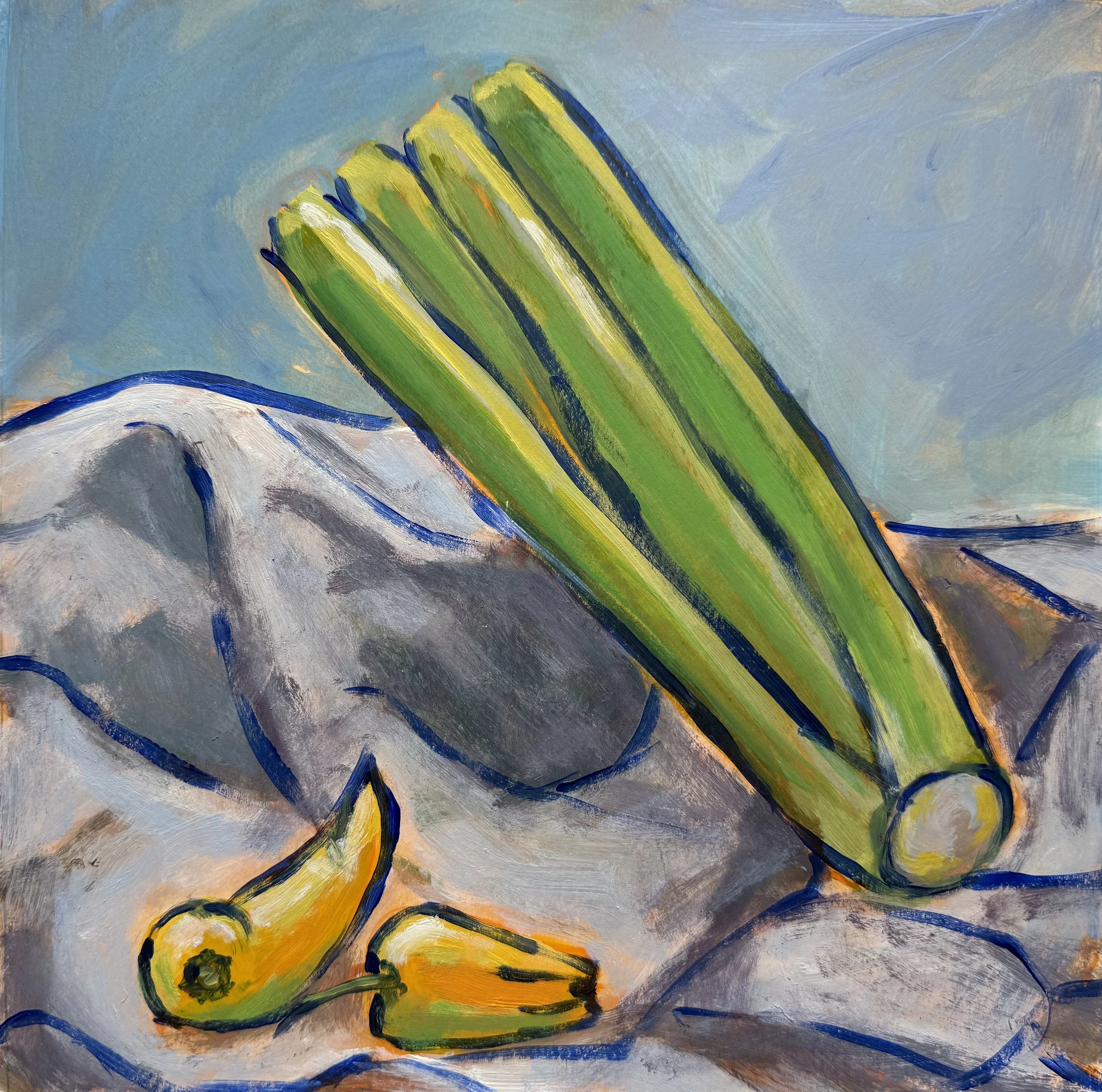 Vegetable Still Life: 11x11. Acrylic on hot press watercolor paper