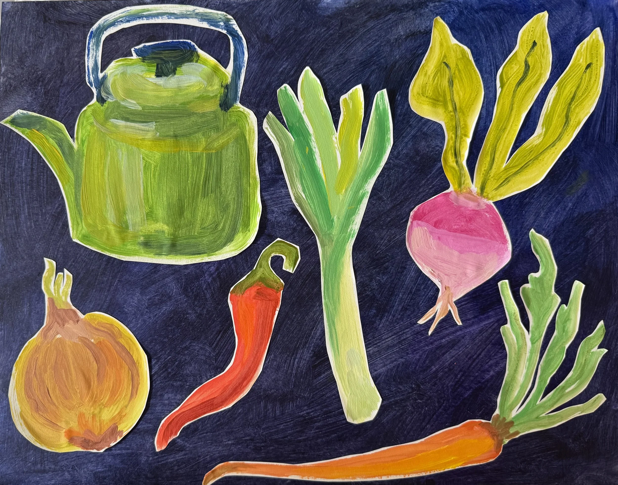 Collaged objects- 11x14. Acrylic and painted papers on hot press watercolor paper