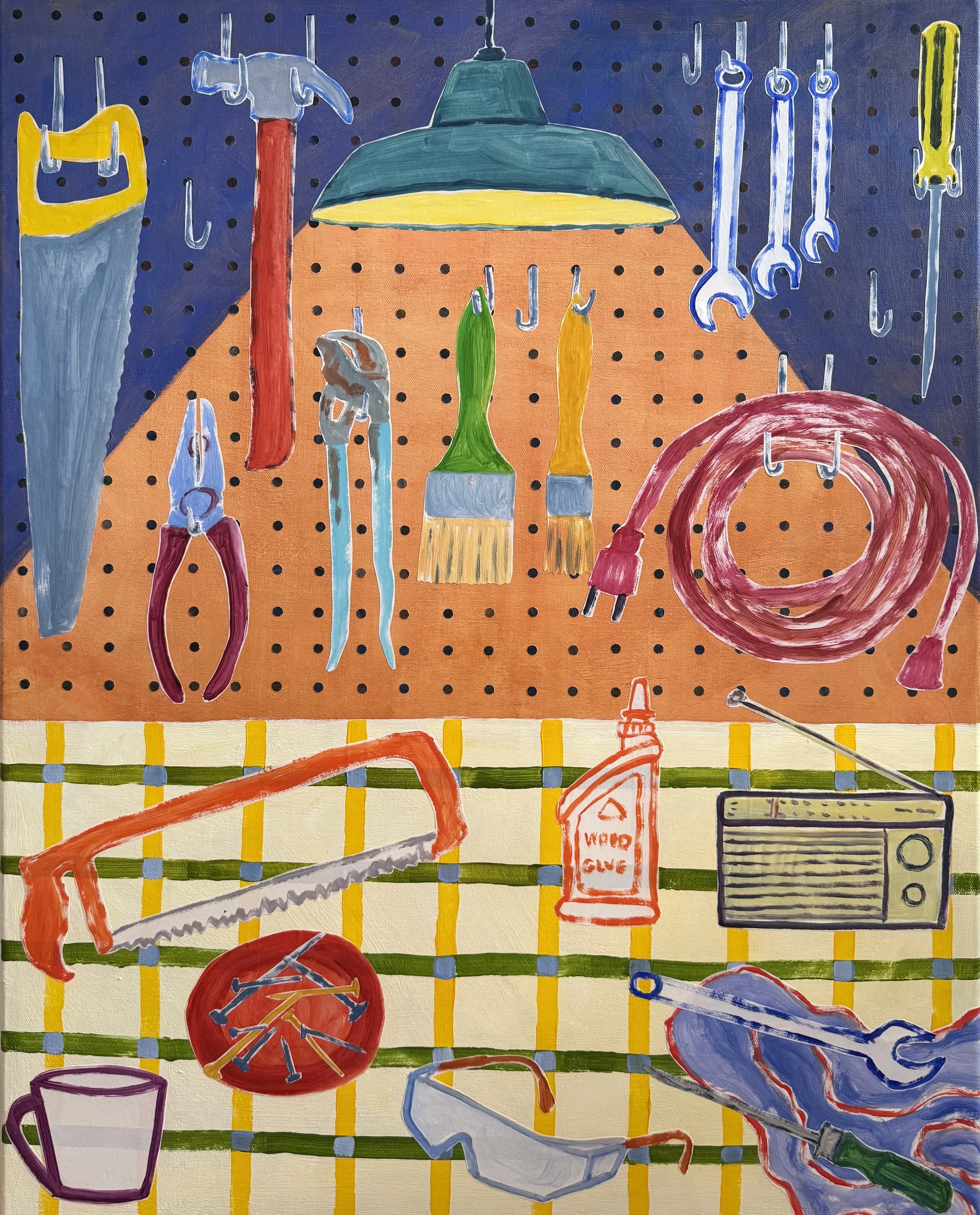 Evening at the Workbench: 24x30. Acrylic and collage on canvas
