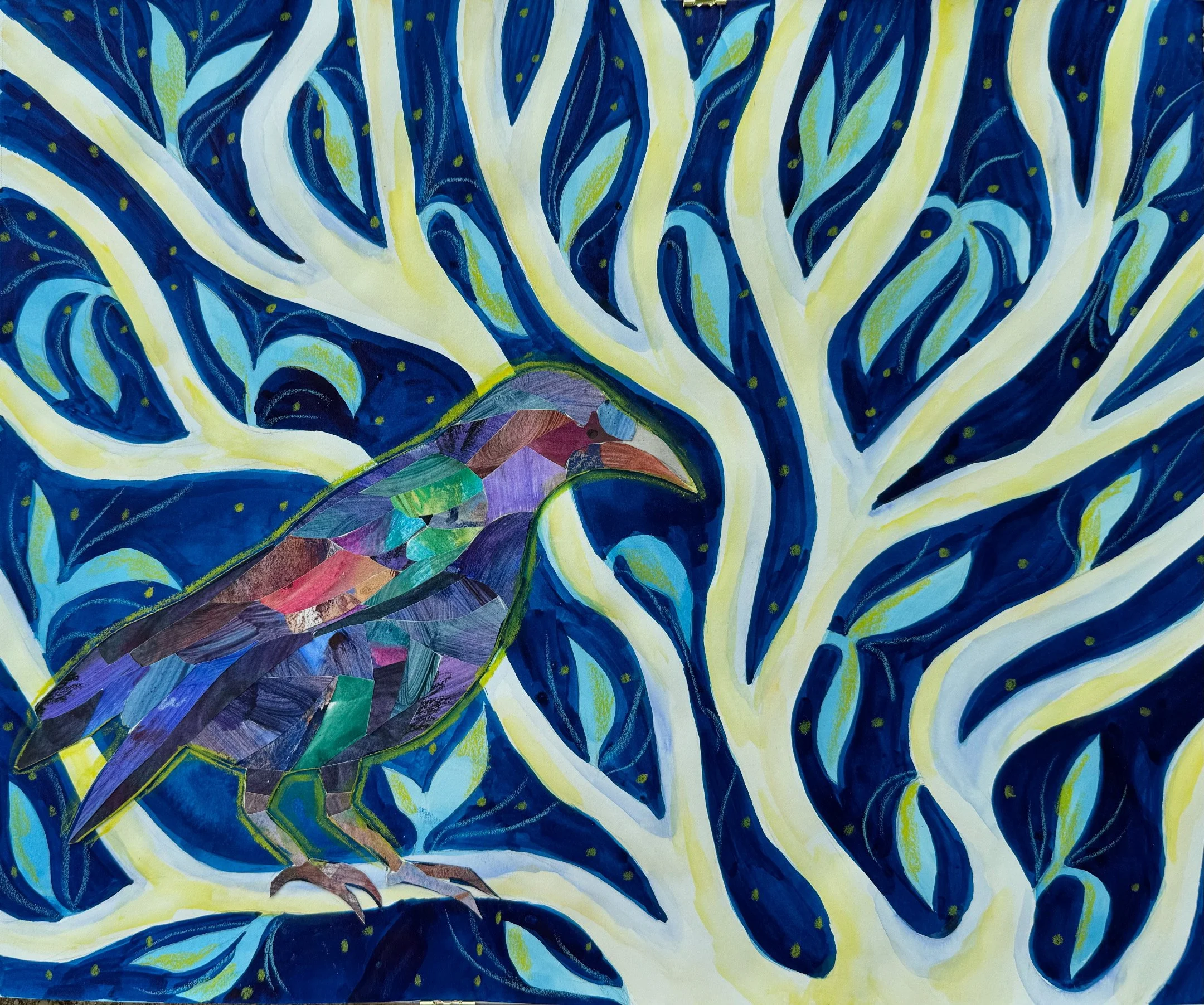 Night Bird: 14x17. Mixed media and collaged painted papers on paper.