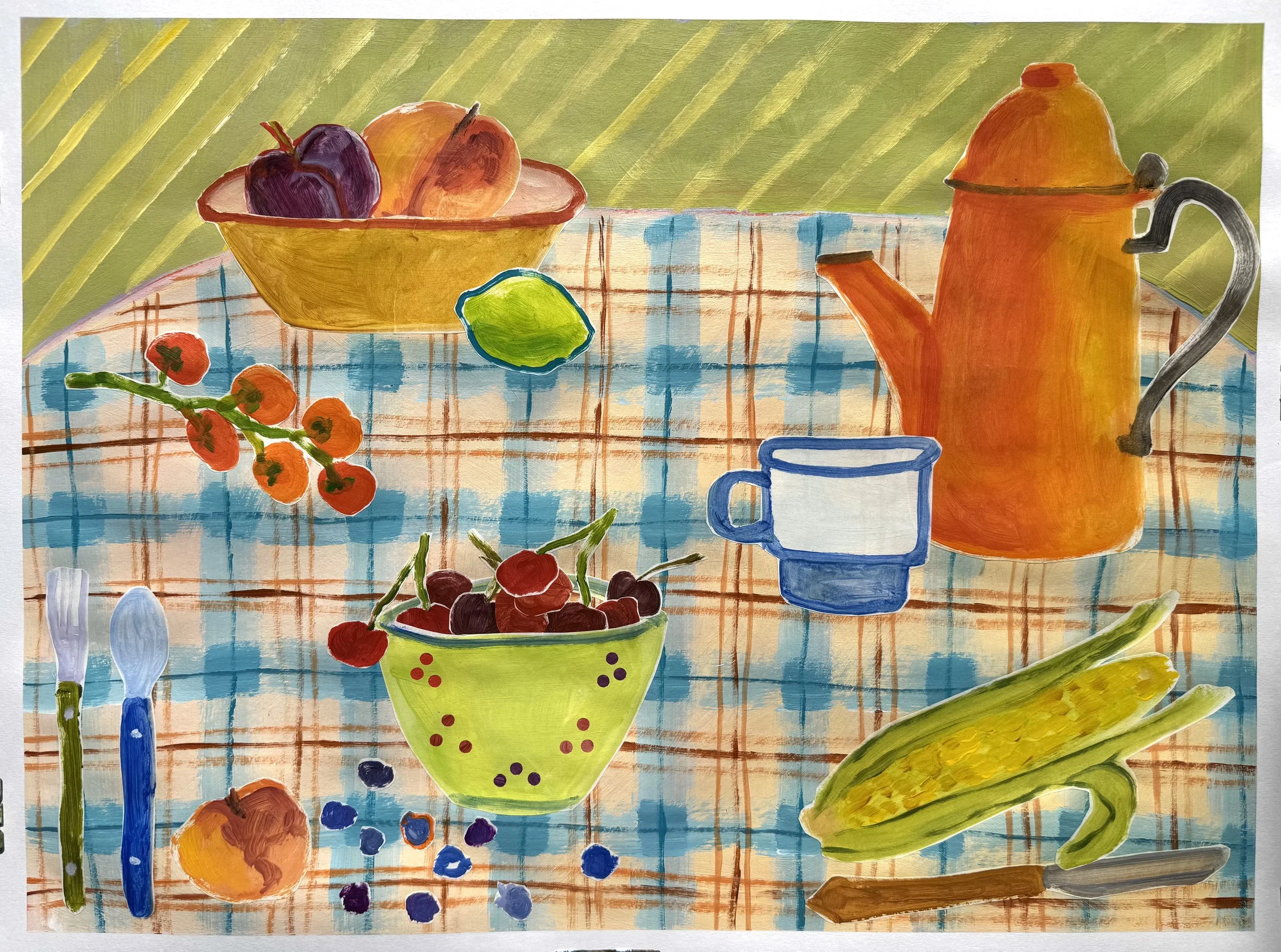 Summer Spread: 18x24, acrylic and collage on mixed media paper