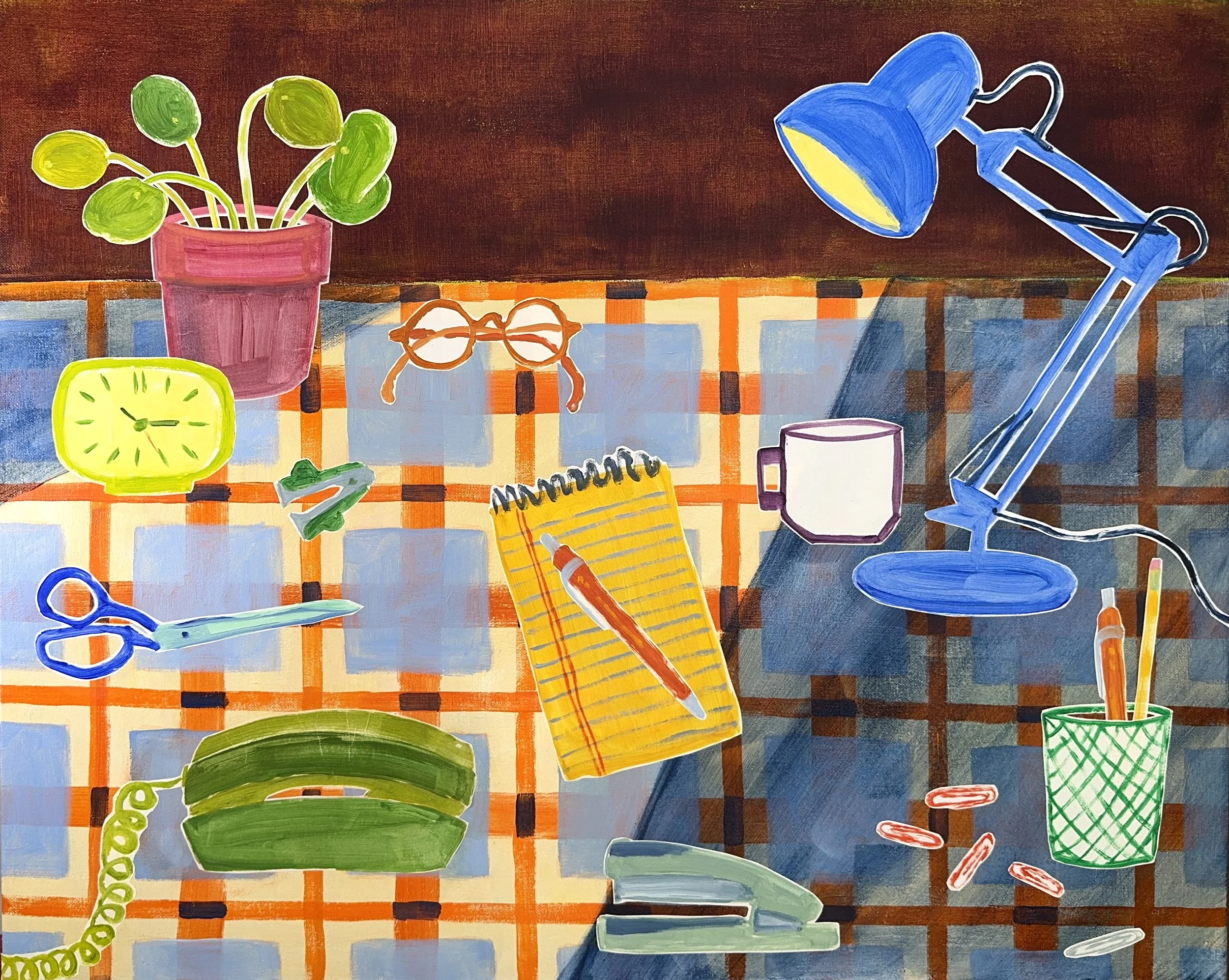 Just Sit Down and Work! 24x30. Acrylic and painted paper collage on canvas