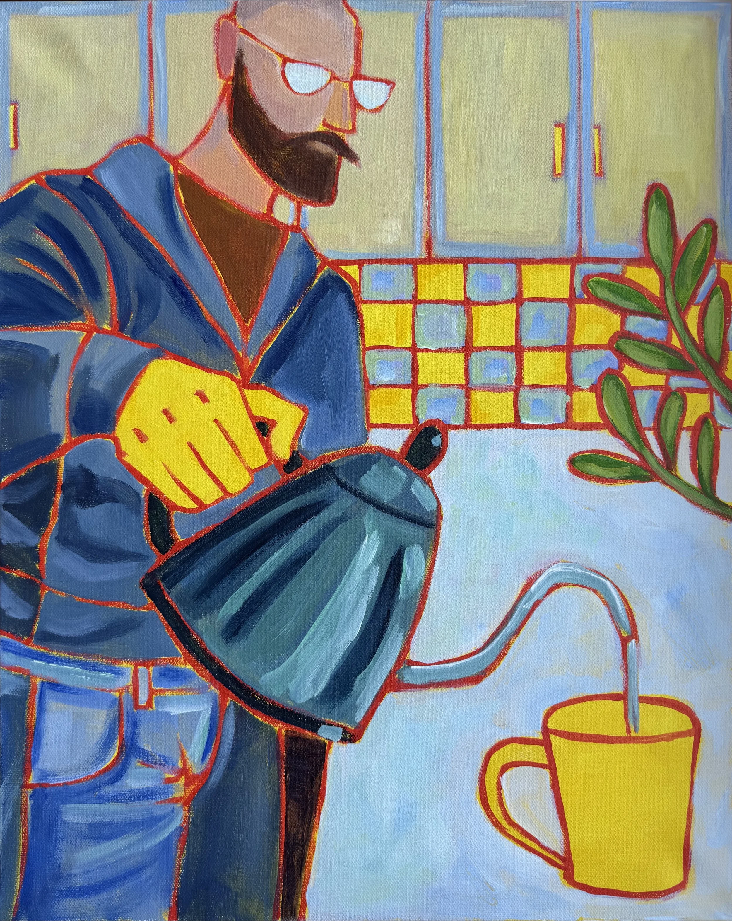 Aryeh with Coffee: 16x20. Acrylic on canvas