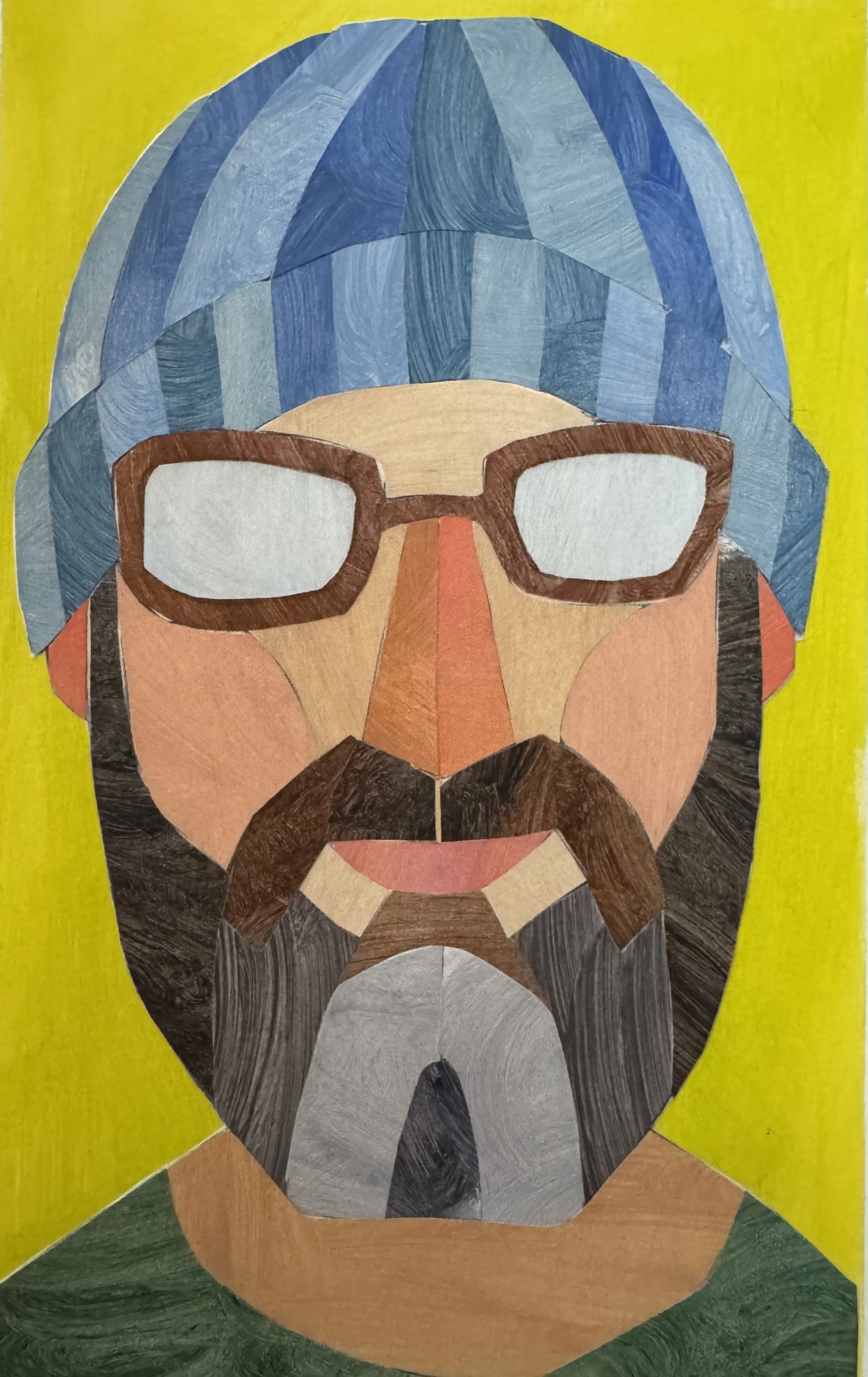 Portrait of Aryeh: 7x11. Acrylic and collaged painted papers on hot press watercolor paper