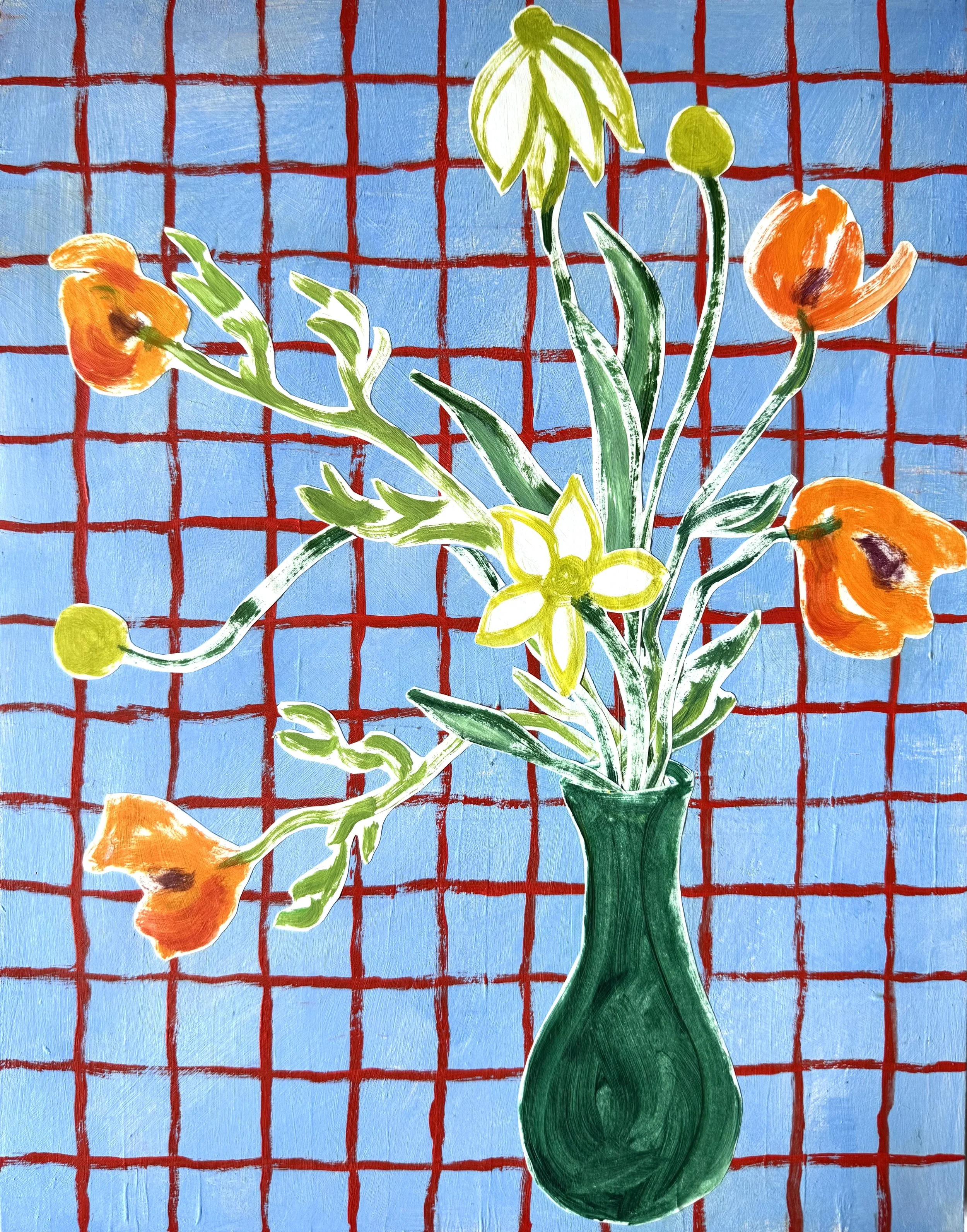 Poppies: 11x14. Acrylic and painted paper collage on cradled wood board