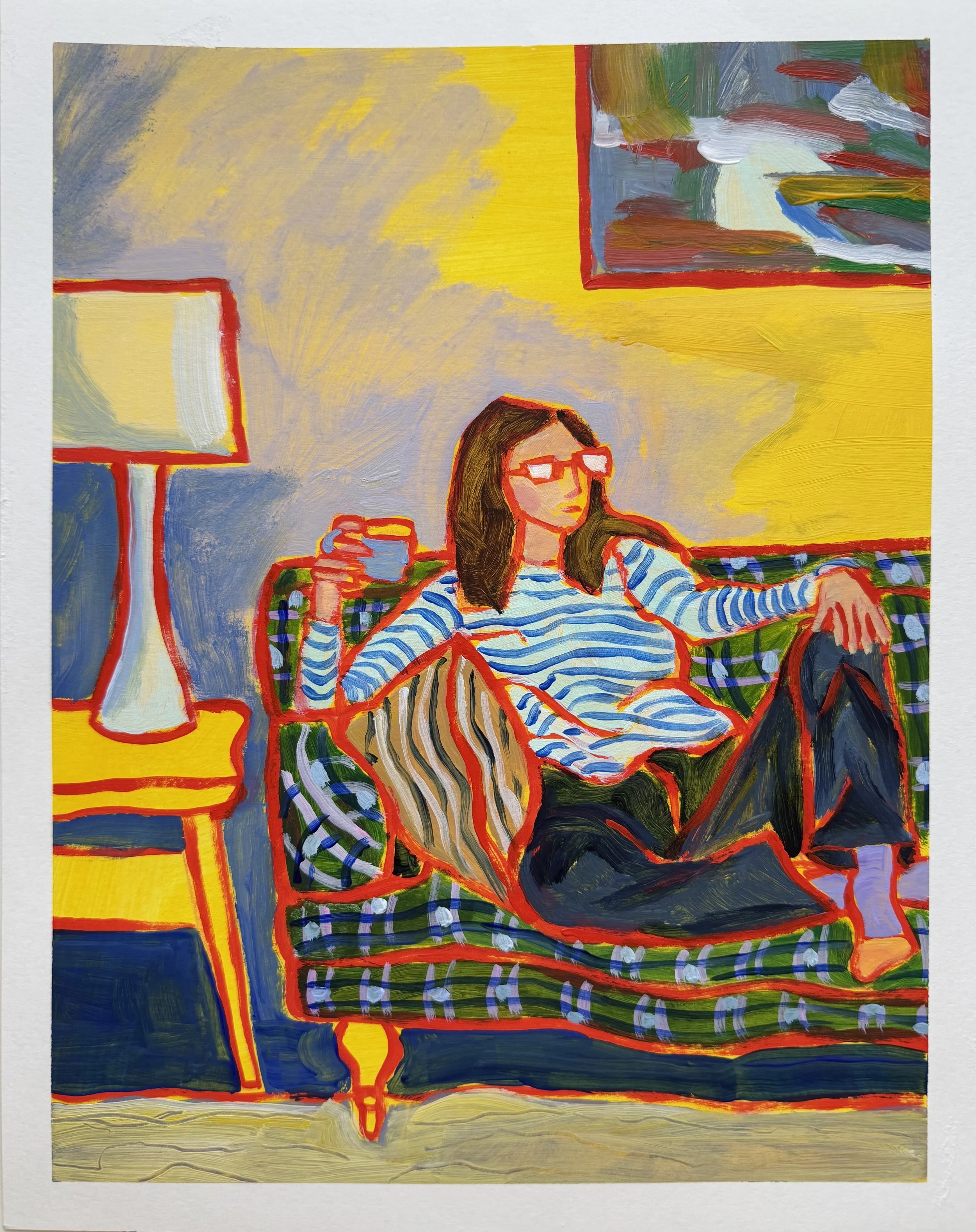 Self Portrait with Coffee: 11x14. Acrylic on hot press watercolor paper