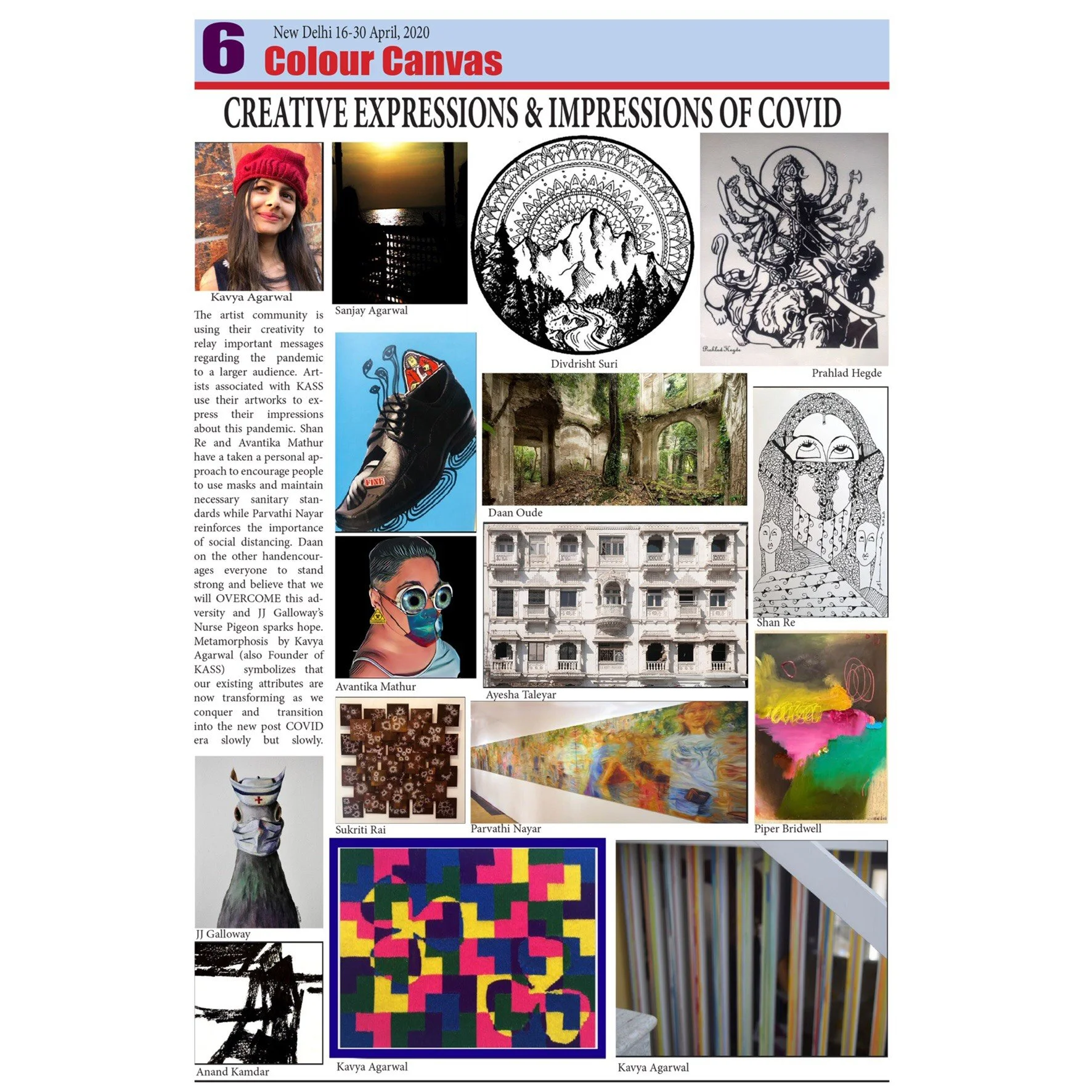 Poster about art and creative expressions of COVID-19 pandemic, featuring photos and artworks by Kavya Agarwal, Sanjay Agarwal, Divdrisht Suri, Prahlad Hegde, Daan Oude, Shan Re, Avantika Mathur, Ayesha Taleyar, Sukriti Rai, Parvathi Nayar, Piper Bridwell, JJ Galloway, and others, with text and descriptions of the artists' work.