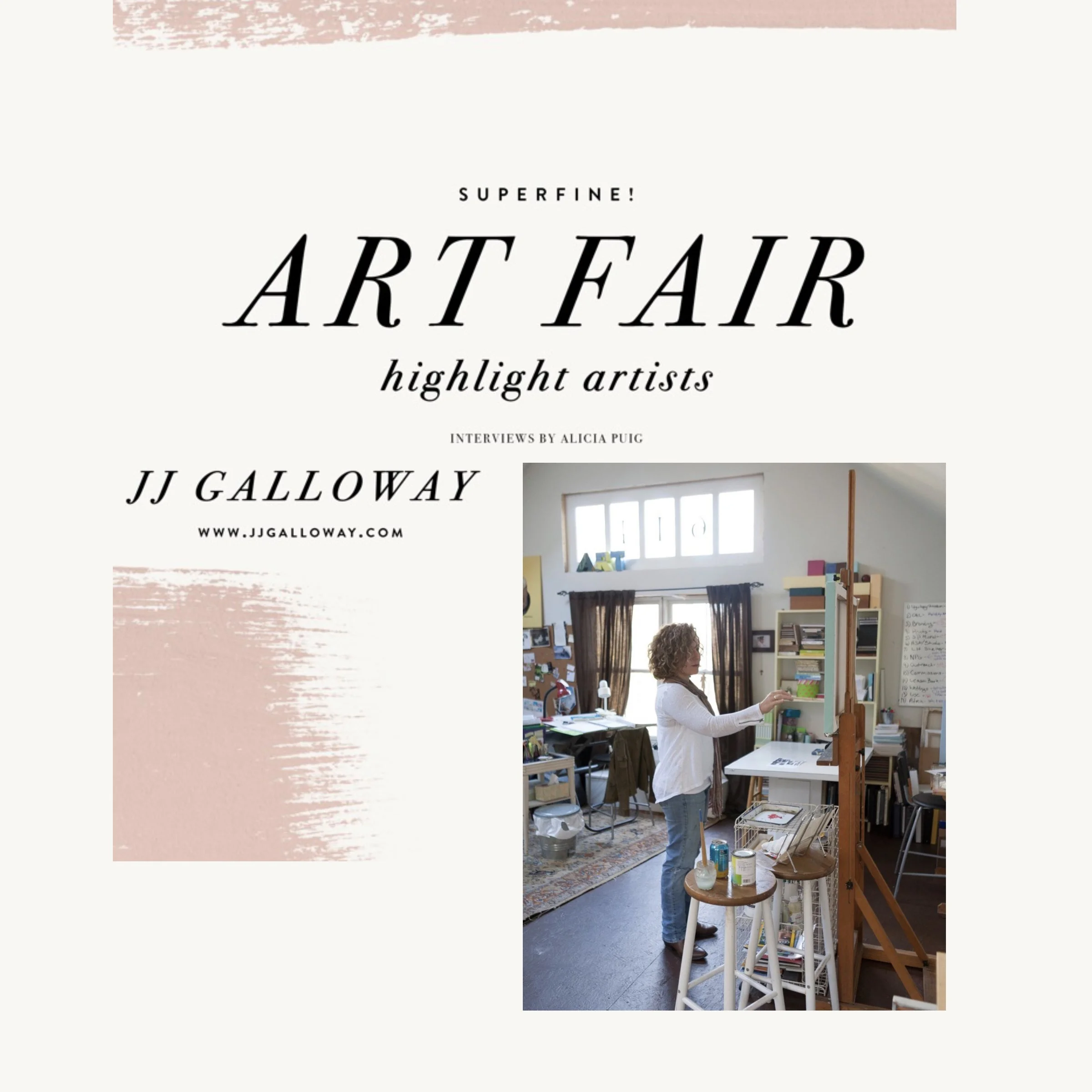 A woman with curly hair is standing in an art studio, painting on a large easel. The studio is filled with books, supplies, and artwork, with large windows allowing natural light to fill the room.