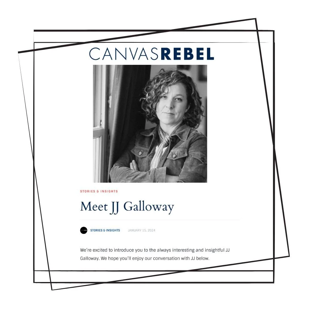 A promotional flyer for Canvas Rebel featuring a black-and-white photo of JJ Galloway, with text introducing her and the date January 15, 2024.