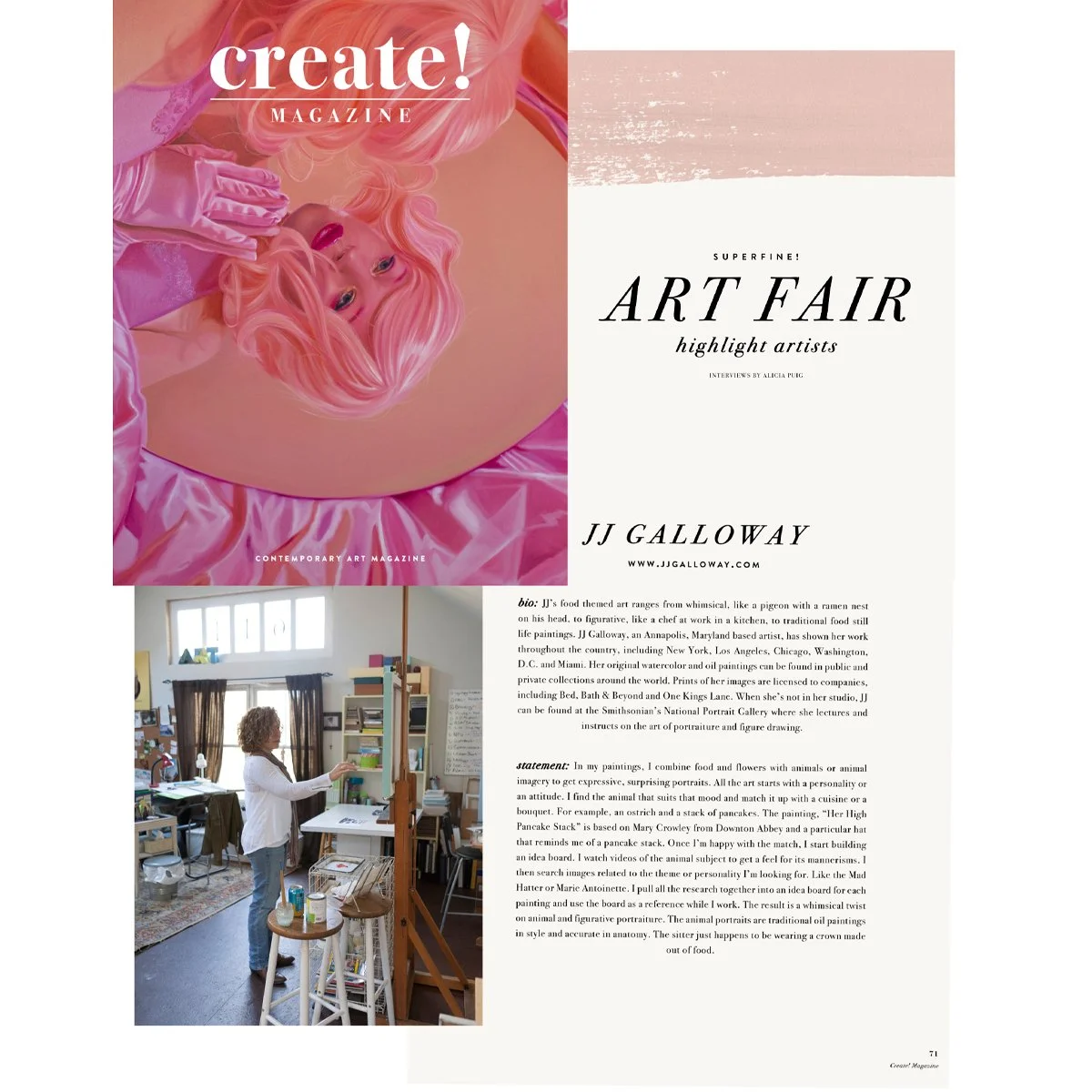 Magazine cover featuring an art fair highlight article with a woman in a pink satin outfit, and a photo of artist, JJ Galloway working in her studio.