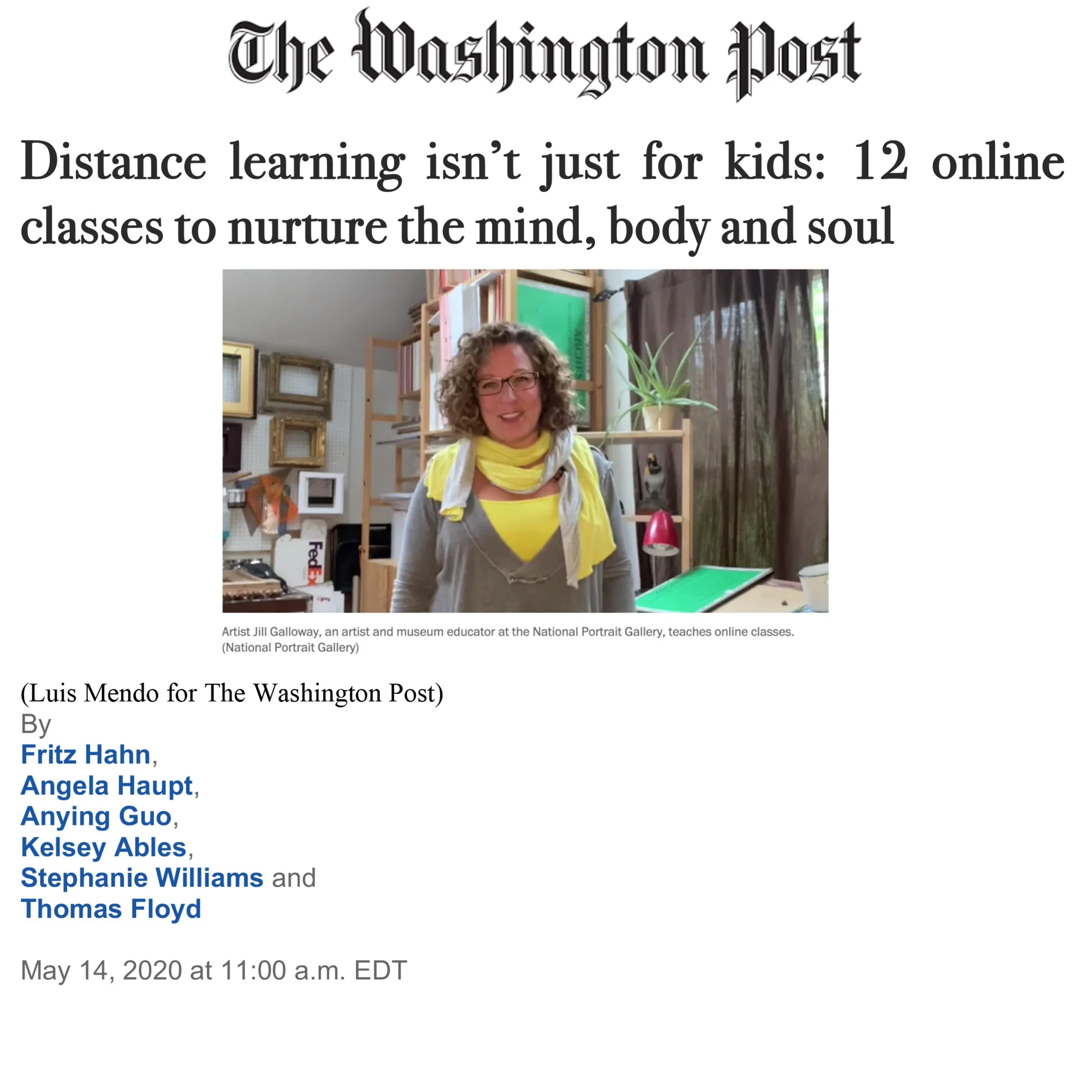 Screenshot of an online article from The Washington Post about distance learning, featuring artist Jill Galloway and her work at the National Portrait Gallery, with a photo of Jill Galloway in her studio.
