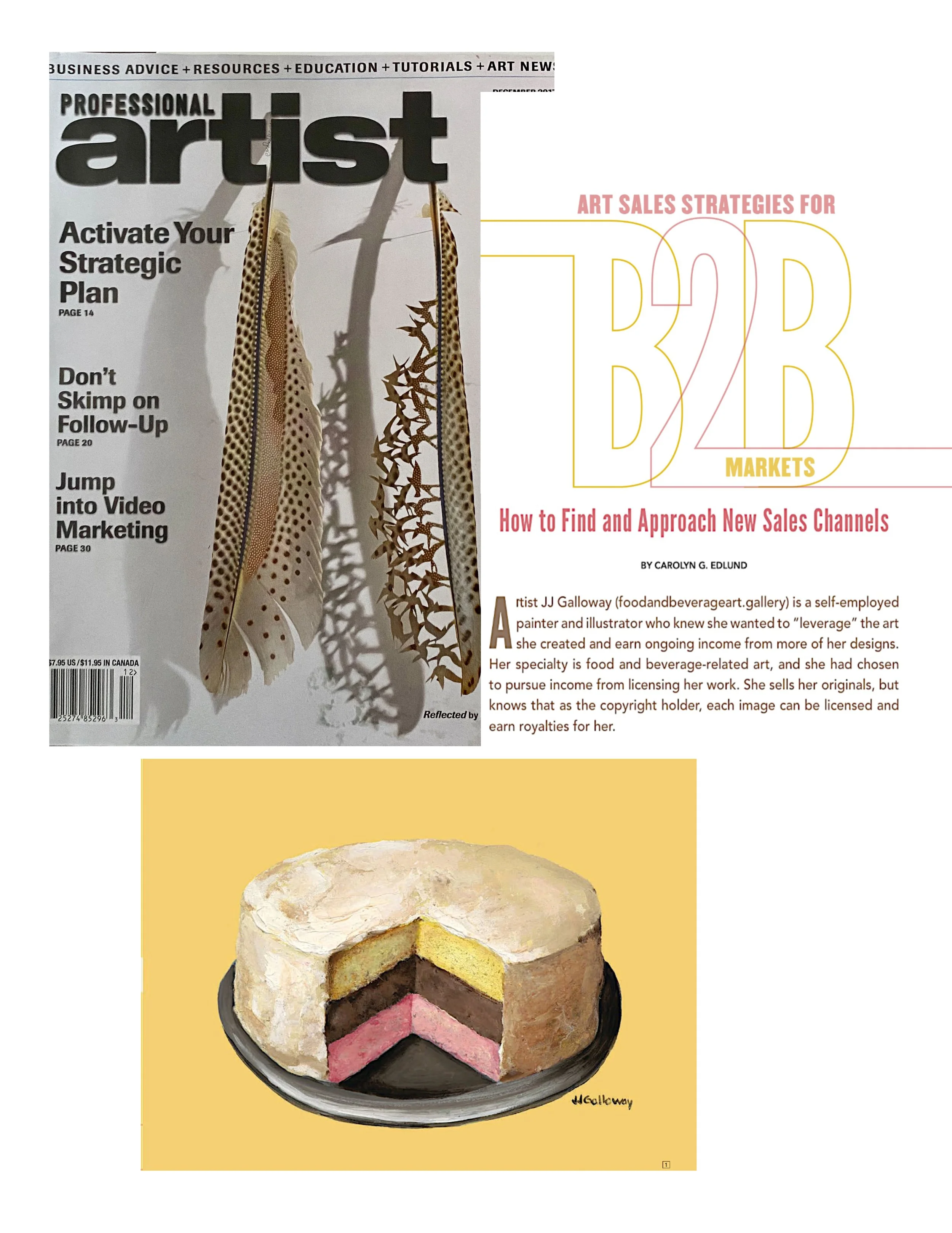 A magazine cover titled 'Professional Artist' with a lowercase 'art' in large black font, featuring feathers casting shadows, and headlines about art strategies and marketing. The cover price and barcode are also visible.