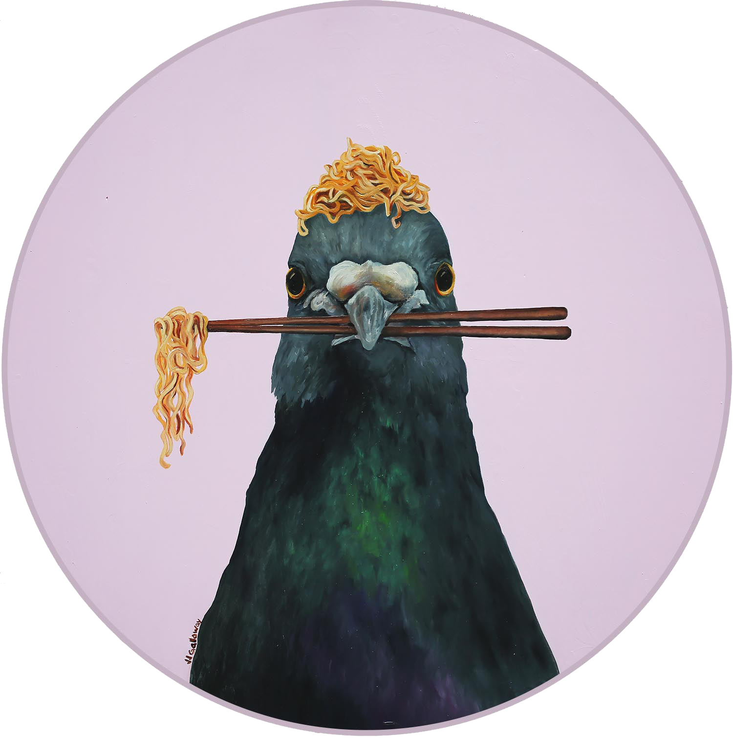 A painting of a pigeon with noodles on its head, holding chopsticks with noodles in its beak, set against a light pink background.
