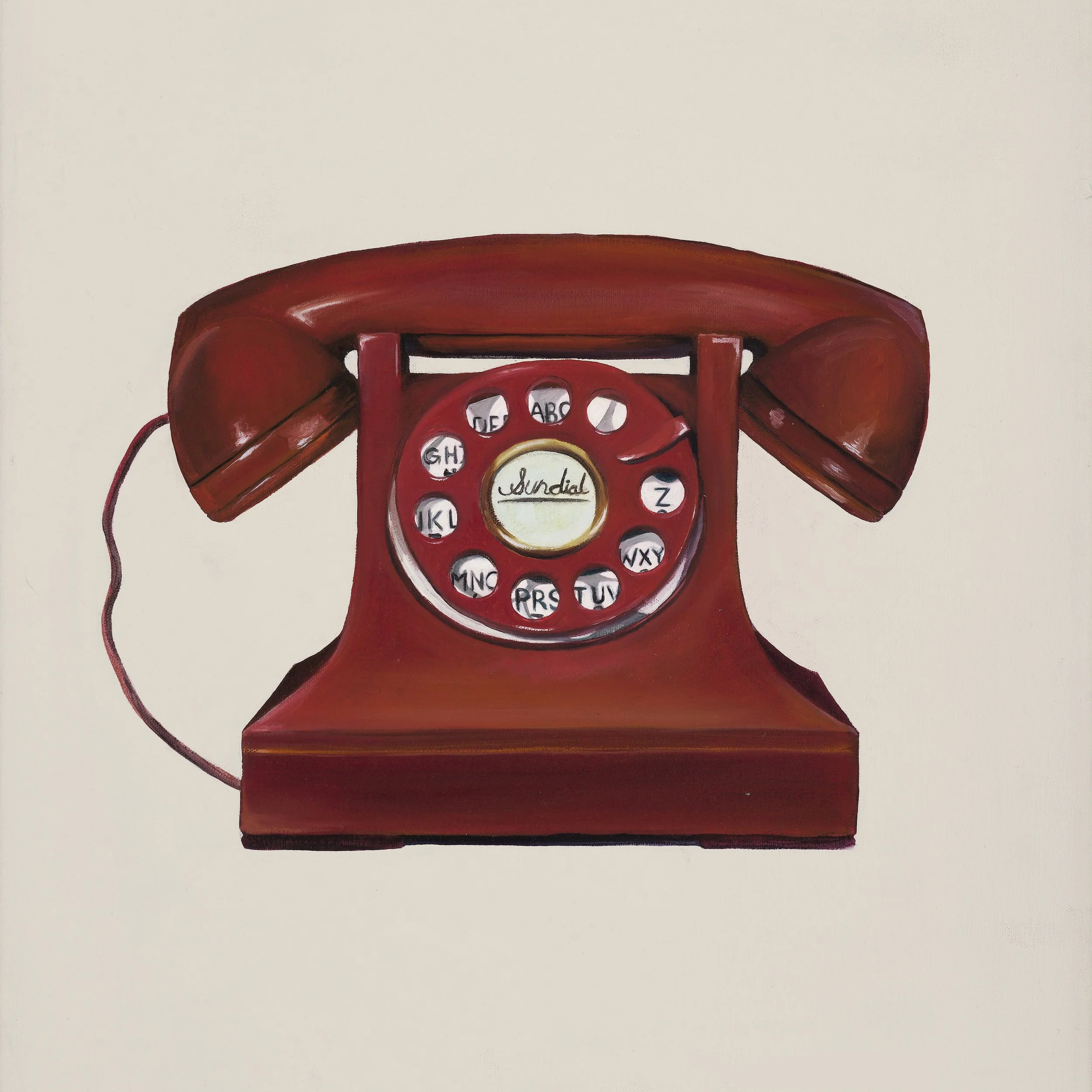 Painting of a vintage red rotary phone with the word Sundial written on the dial, set against a plain background.