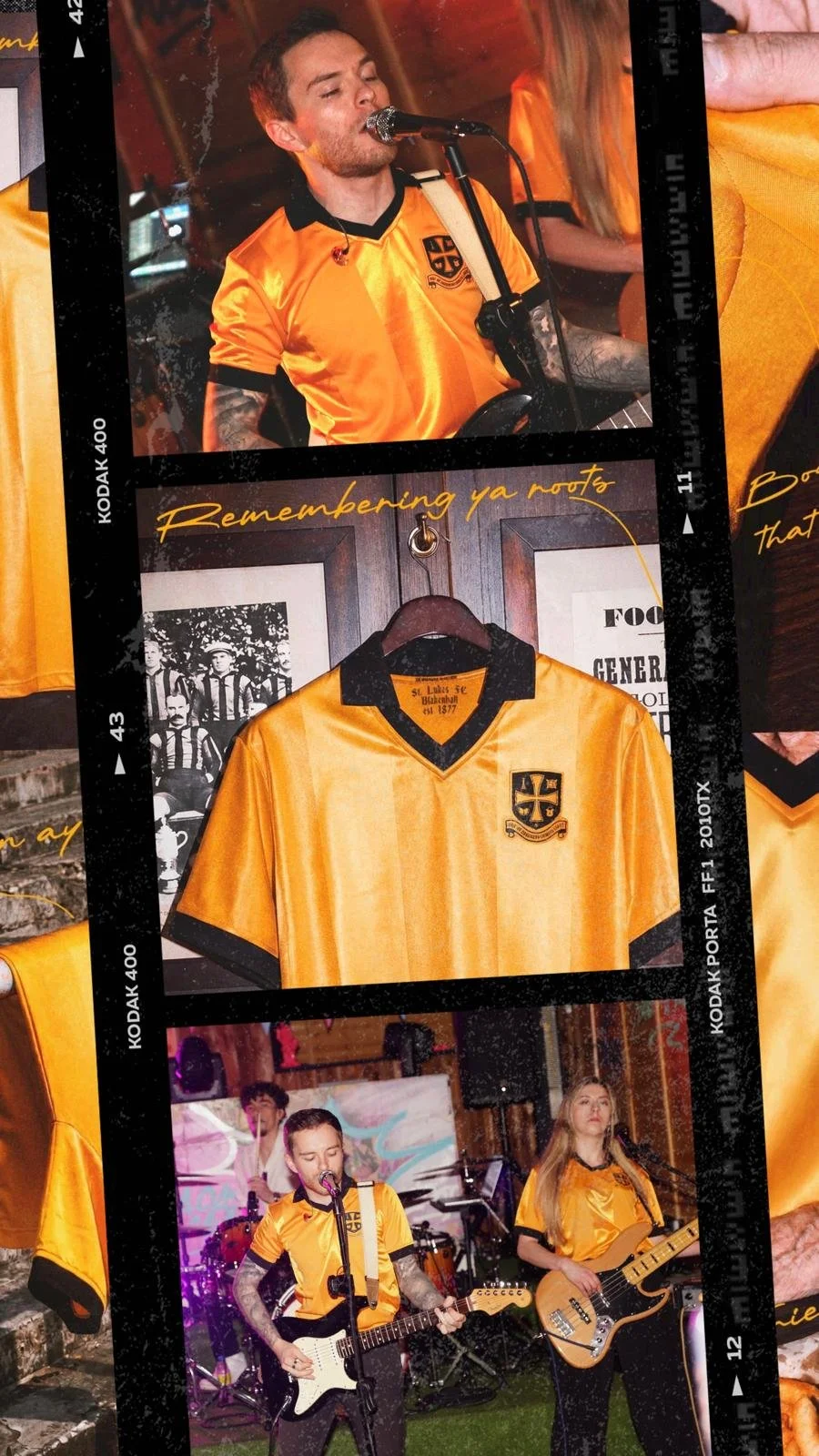 Photograph of a memorabilia display with a yellow and black soccer jersey with a patch on the front and a black collar, mounted on a wall behind the musicians. The display includes a picture of a singer performing into a microphone, a framed black-and-white photo of a baseball team, and a photograph of two musicians playing guitars and singing at a live event, all wearing similar yellow shirts.