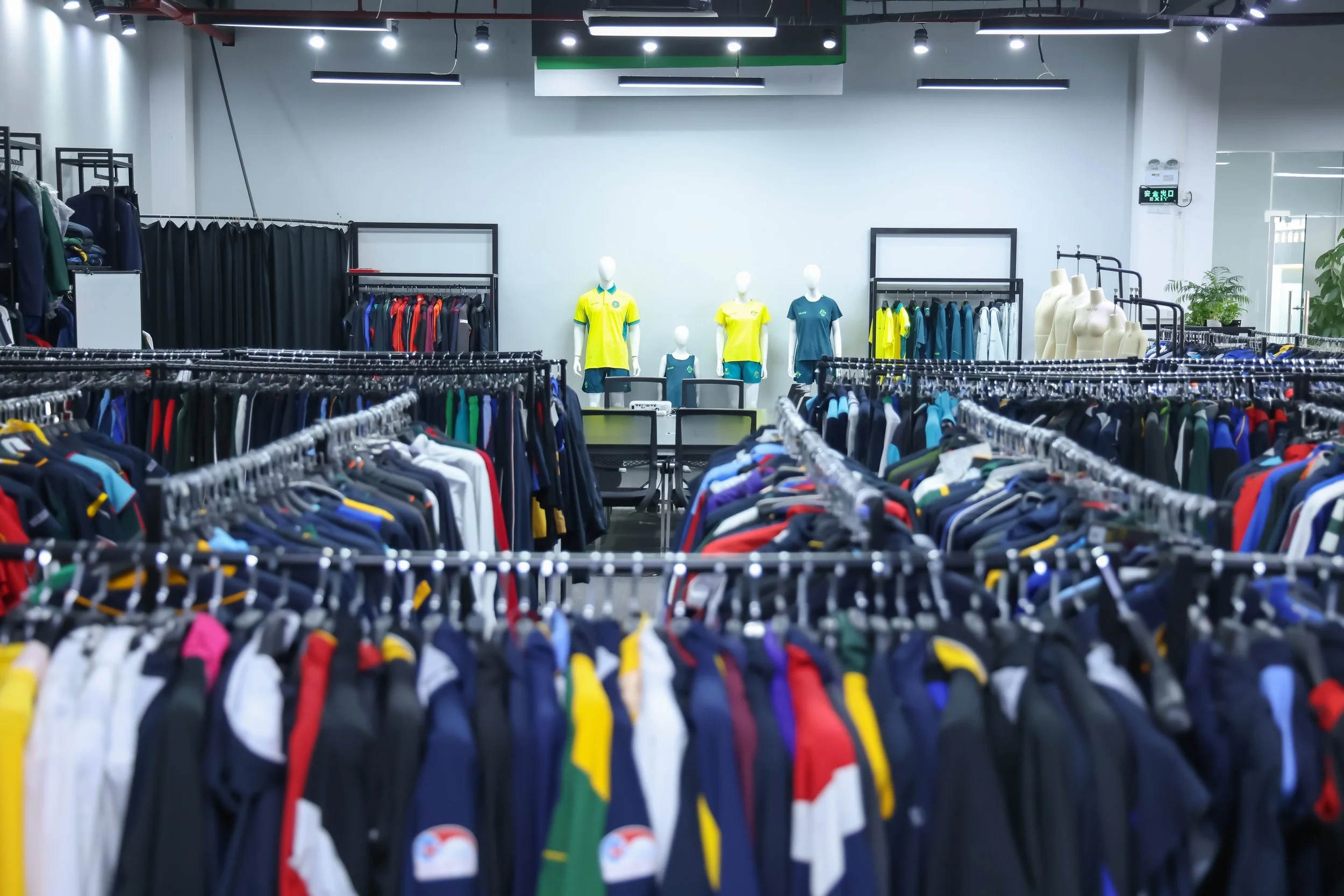 Interior of a clothing store with racks of colorful sports jerseys and t-shirts, mannequins wearing yellow and green soccer uniforms, and a plain white wall in the background.