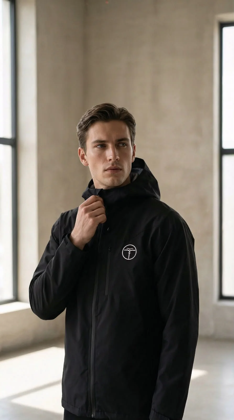 A young man with dark hair and fair skin adjusts the collar of his black waterproof jacket with a logo, standing in a bright, industrial-style room with large windows.