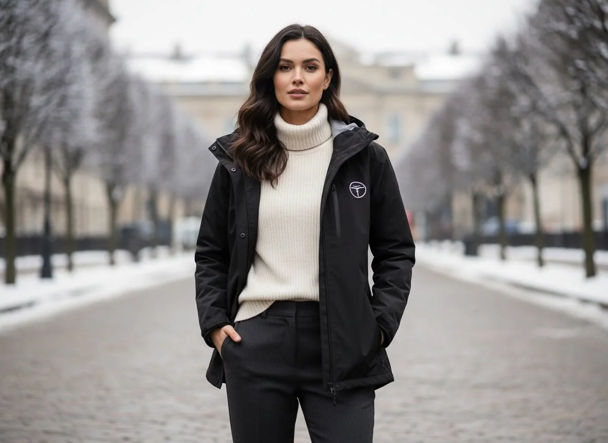 A woman stands outdoors on a cold, snowy day, wearing a black jacket over a cream turtleneck sweater, with her hands in her pockets, and trees with snow in the background.