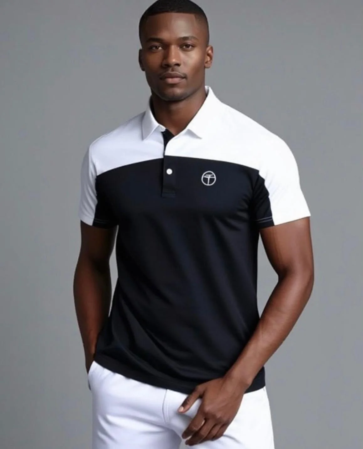 A young man wearing a black and white polo shirt with a logo on the chest, standing against a gray background.