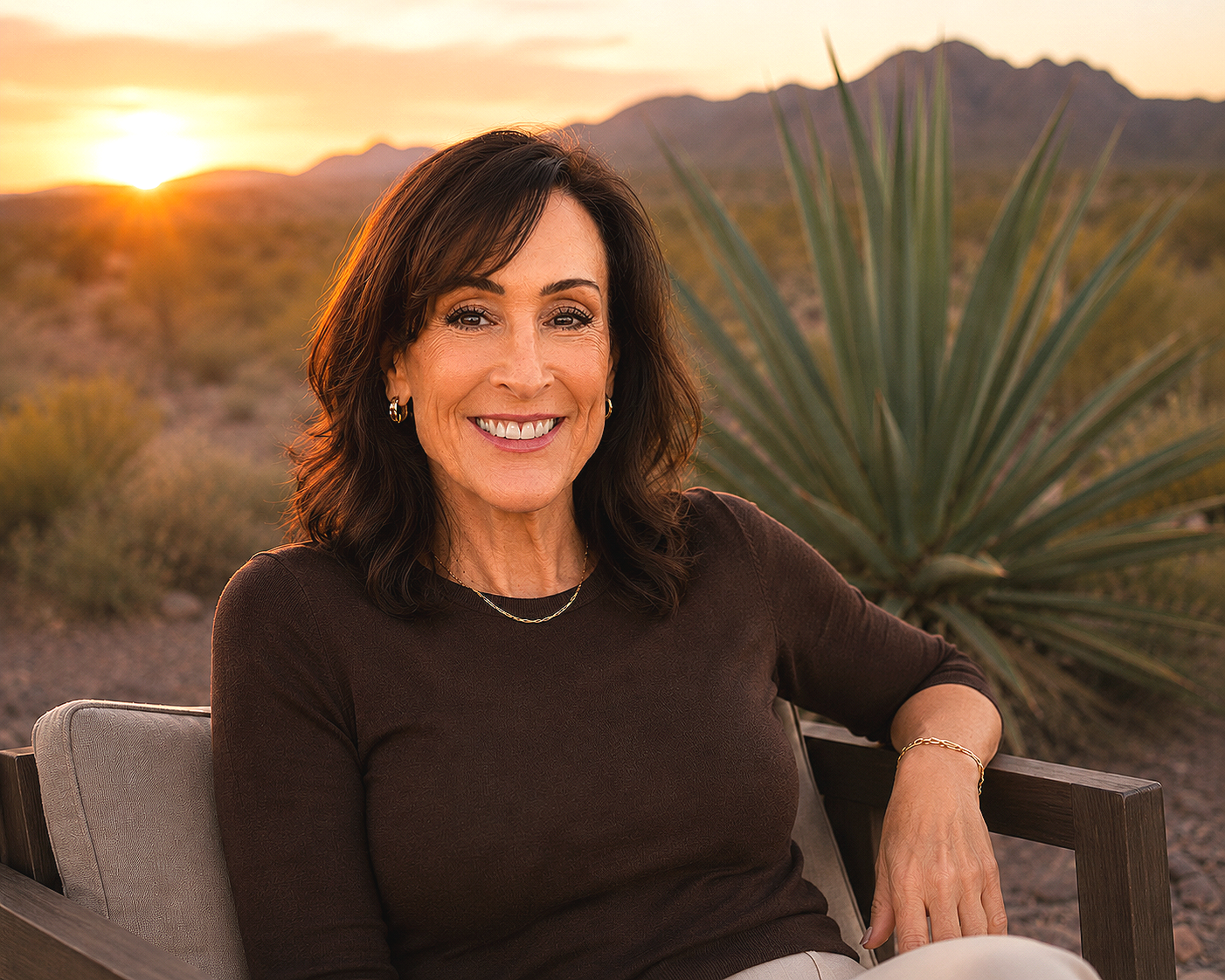 A woman with dark hair, smiling, wearing a brown top, jewelry, and sitting outdoors on a bench with desert plants and mountains at sunset in the background.