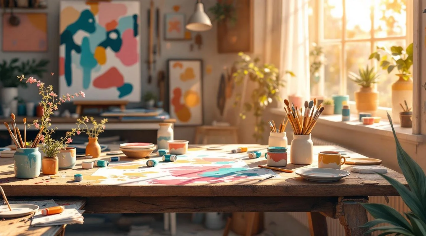 An artist's studio with a wooden table covered in art supplies, including paintbrushes, cups, and sprayers, with colorful paintings and plants in a sunlit room.