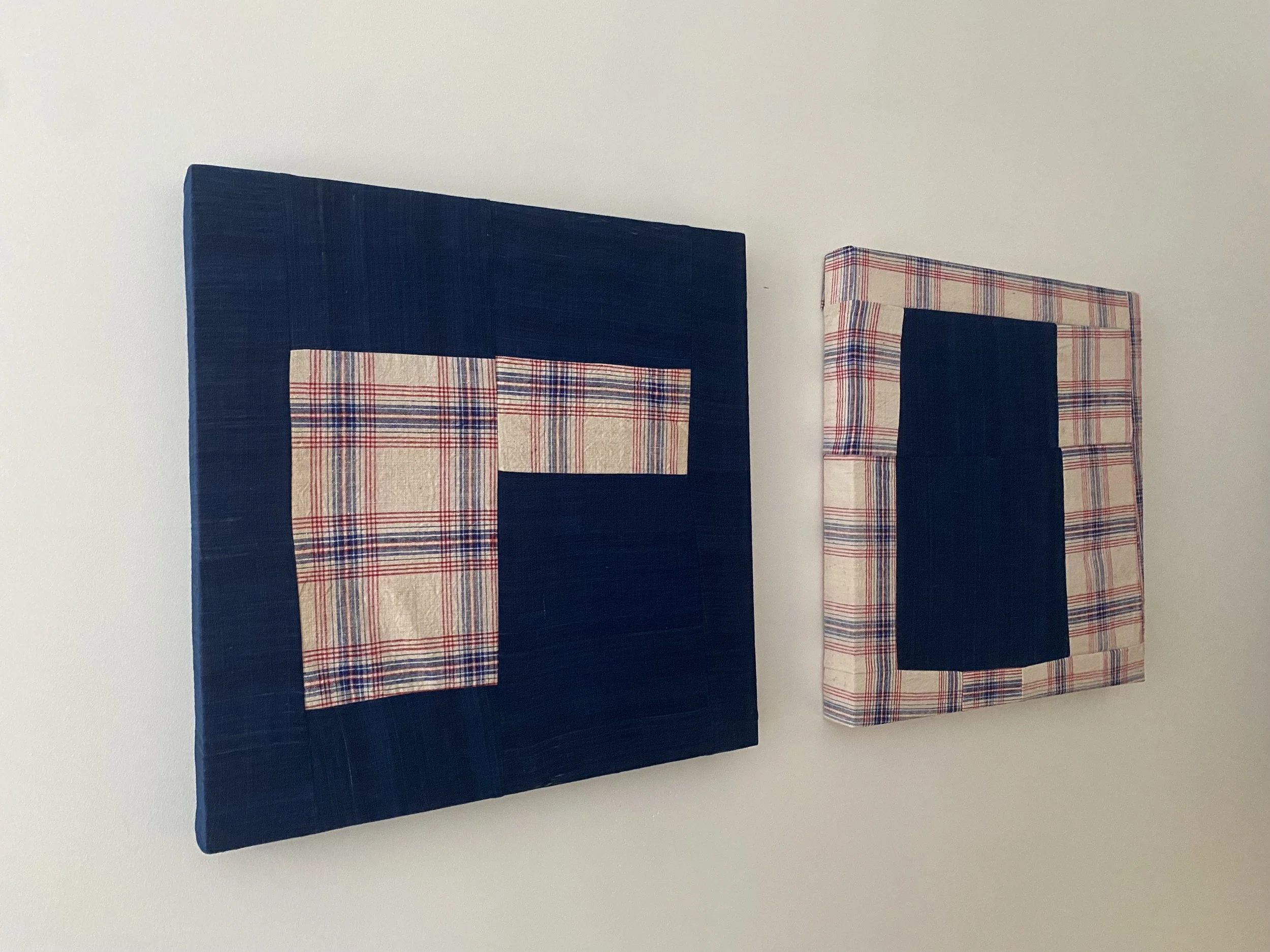 'Bollards' Diptych. 
2026 
50x50 
100% Vintage cotton stripe and French Linen sewn