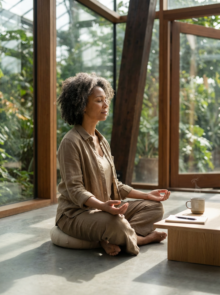 Woman sitting cross-legged on a cushion, meditating with eyes closed, in a sunlit room with large windows and green foliage outside, a steaming mug, a notebook, and a pen on the wooden table nearby.