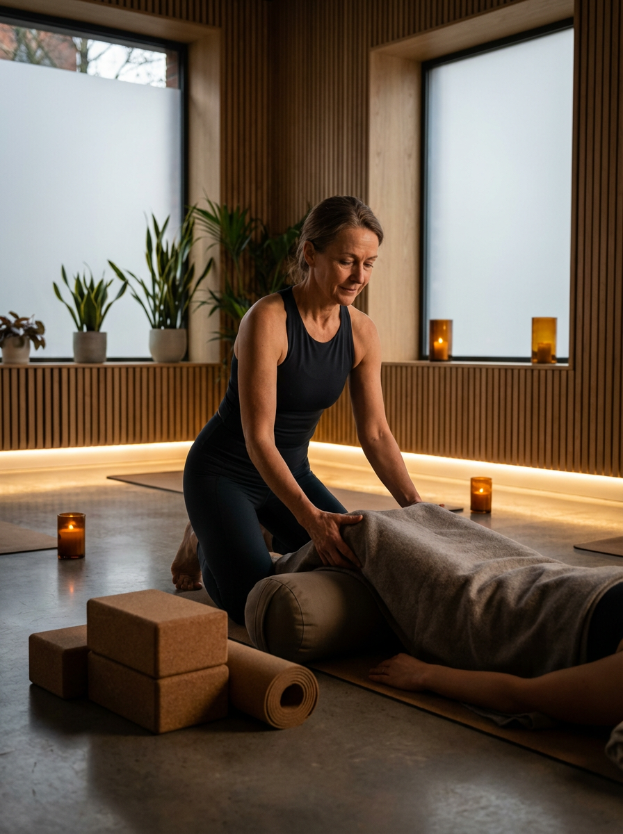A woman practicing yoga or massage therapy in a calming, softly lit room with wooden paneling, large windows, plants, and candles.