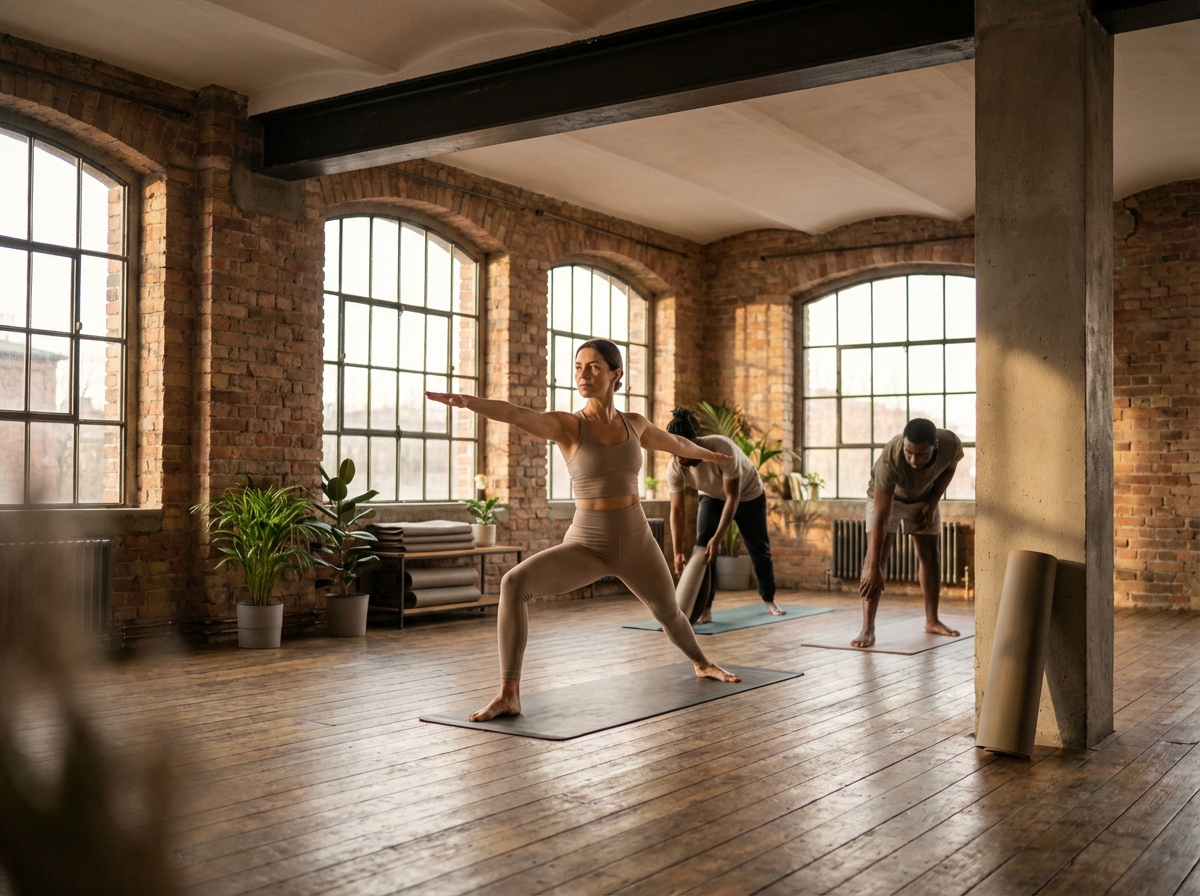 Three people practicing yoga in a spacious, industrial-style room with large windows and exposed brick walls. The instructor is in a Warrior pose, while two students are preparing on their mats.