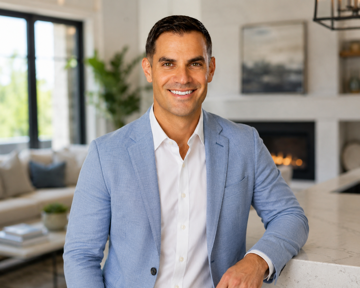 Man in light blue blazer sitting at a marble kitchen counter in a modern living room