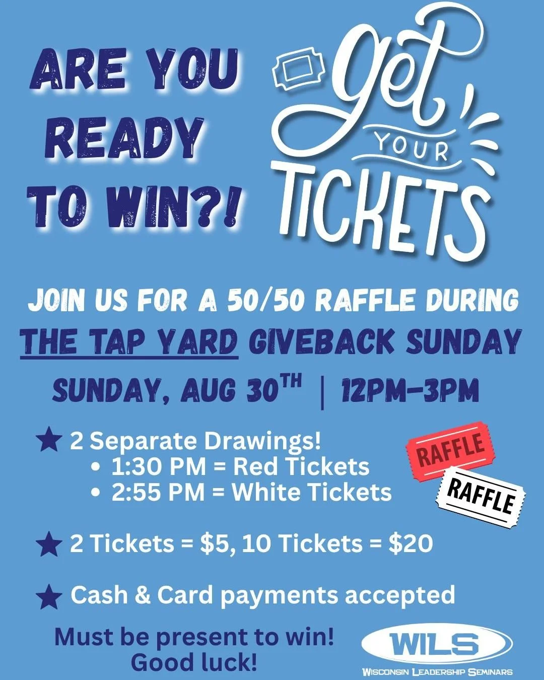 Who's ready to WIN?! 

Don't miss the 50/50 raffle during Giveback Sunday at The Tap Yard! Not one, but TWO chances to win! See you there 💫