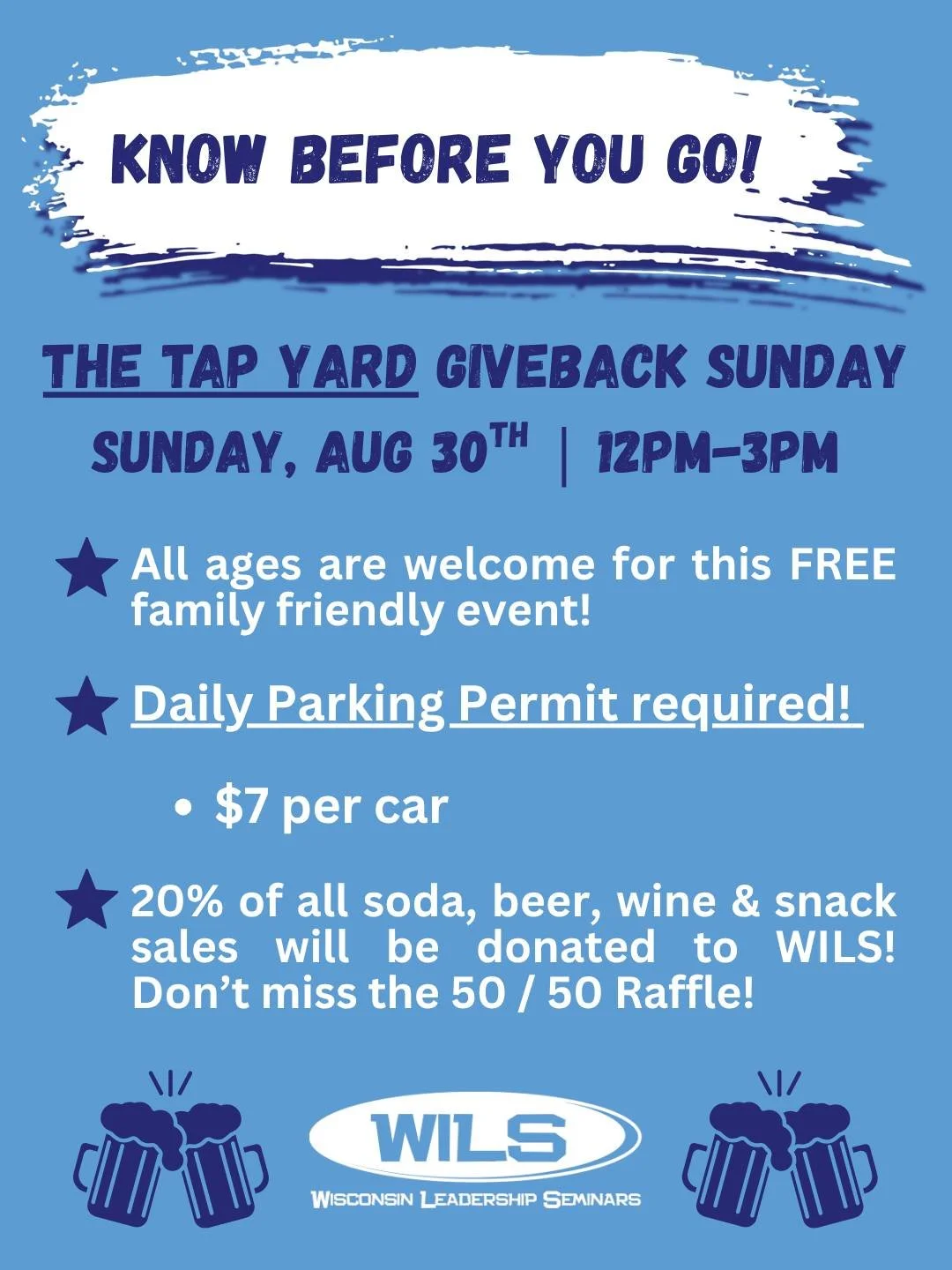Some reminders as we get ready for Giveback Sunday at The Tap Yard! Parking passes &amp; more info can be found online; head to the link in our bio for more info!