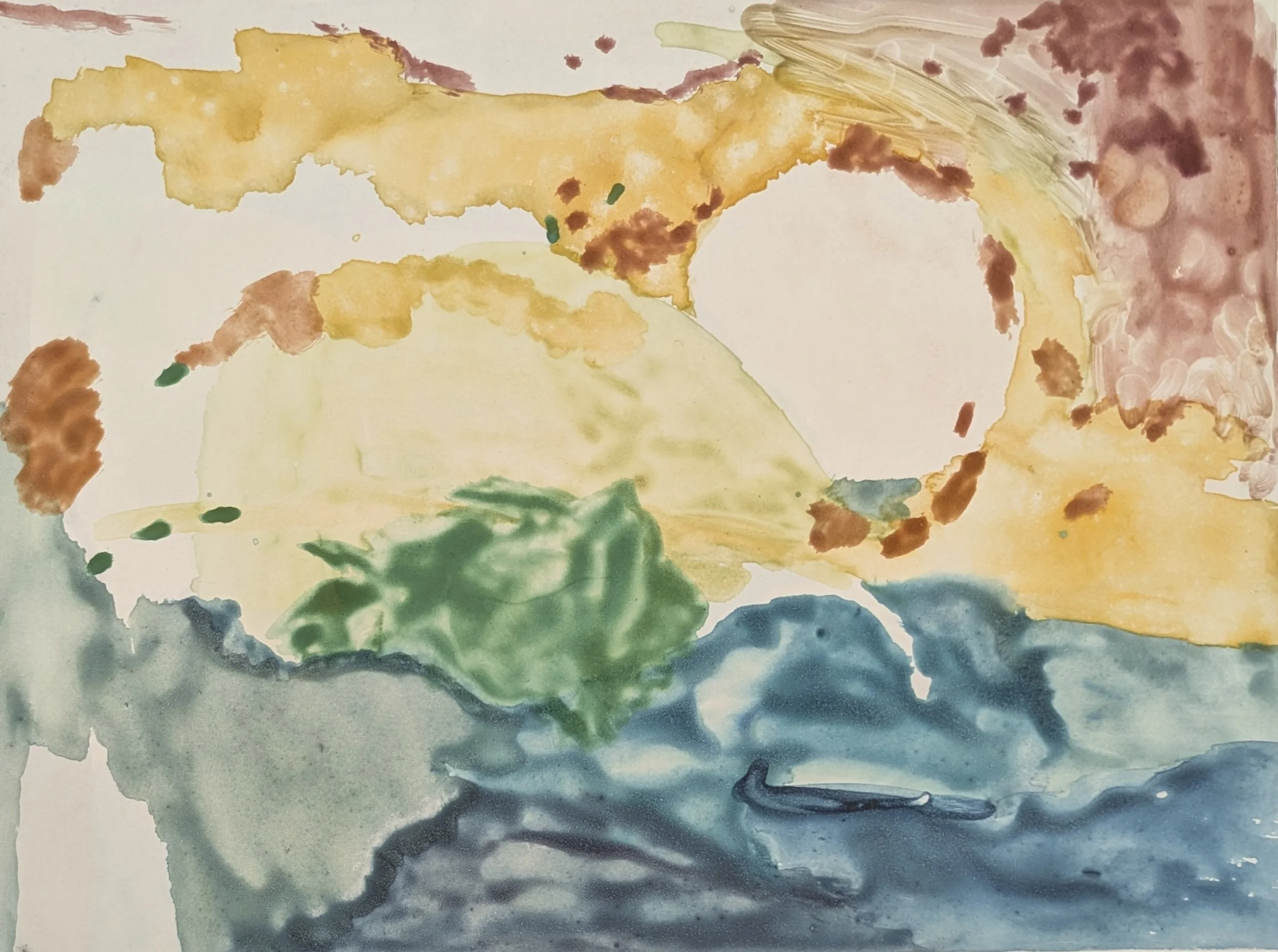 An abstract watercolor painting with horizontal layers of earthy tones including brown, yellow, green, and blue blending into each other.