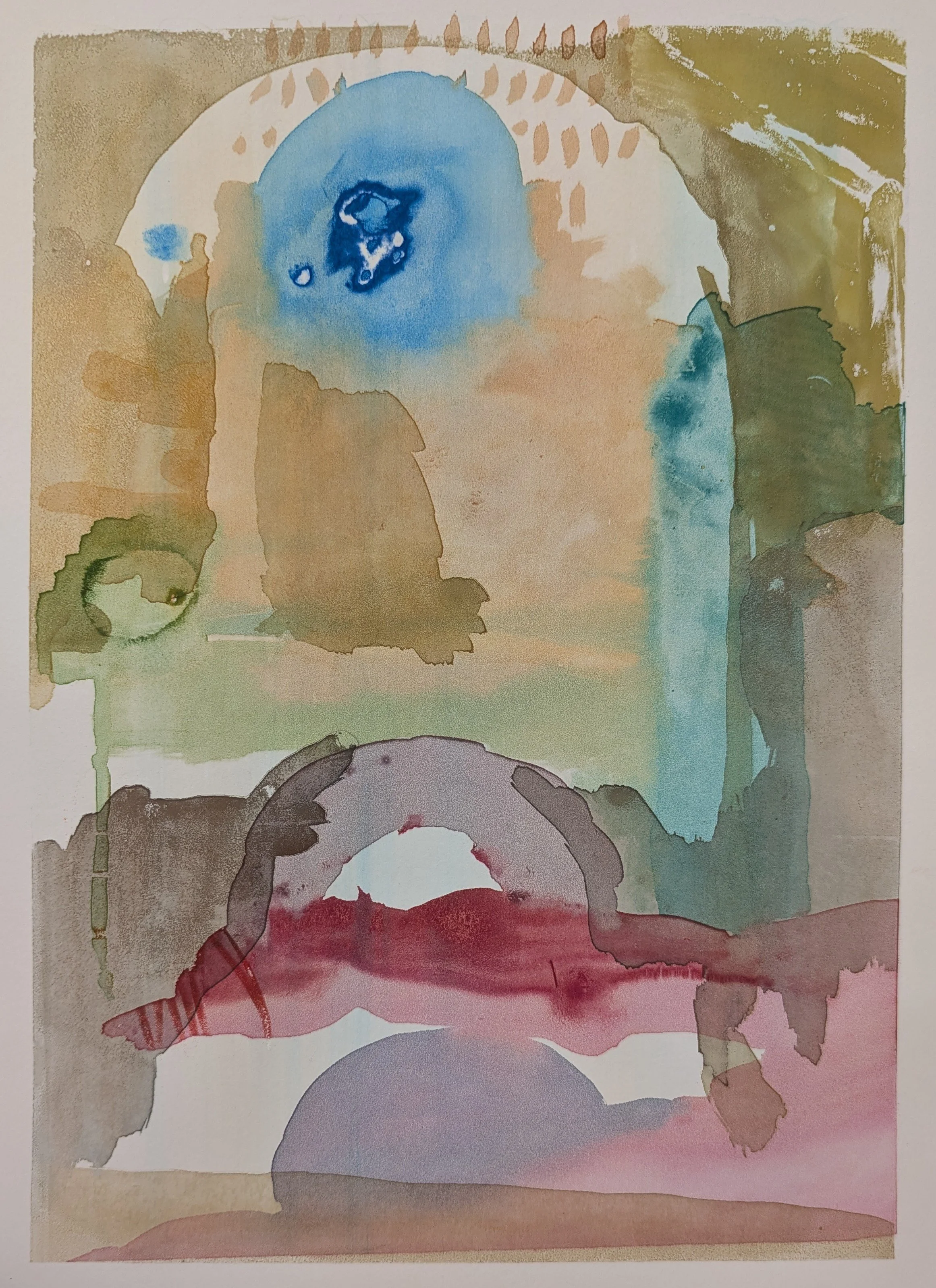 A watercolor painting with abstract shapes and colors including blue, green, red, pink, and beige, with a large arch-like shape at the bottom and a blue circle at the top.