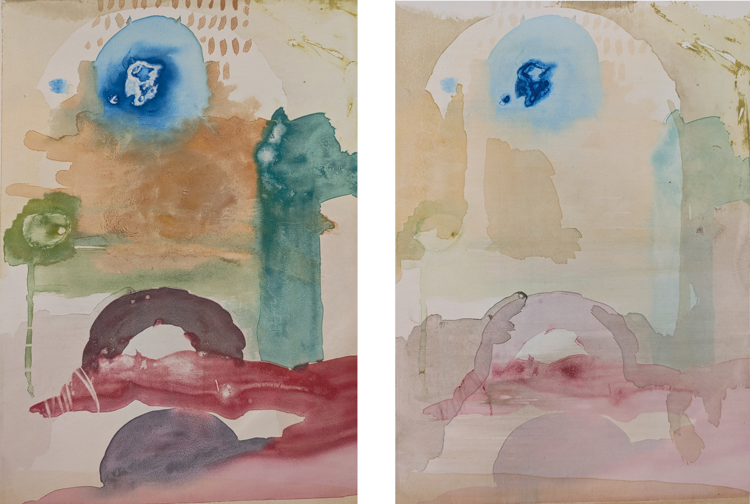 Abstract watercolor painting split into two sections with various colors and shapes, including blue, green, red, beige, and purple, with some circular and cloud-like forms.