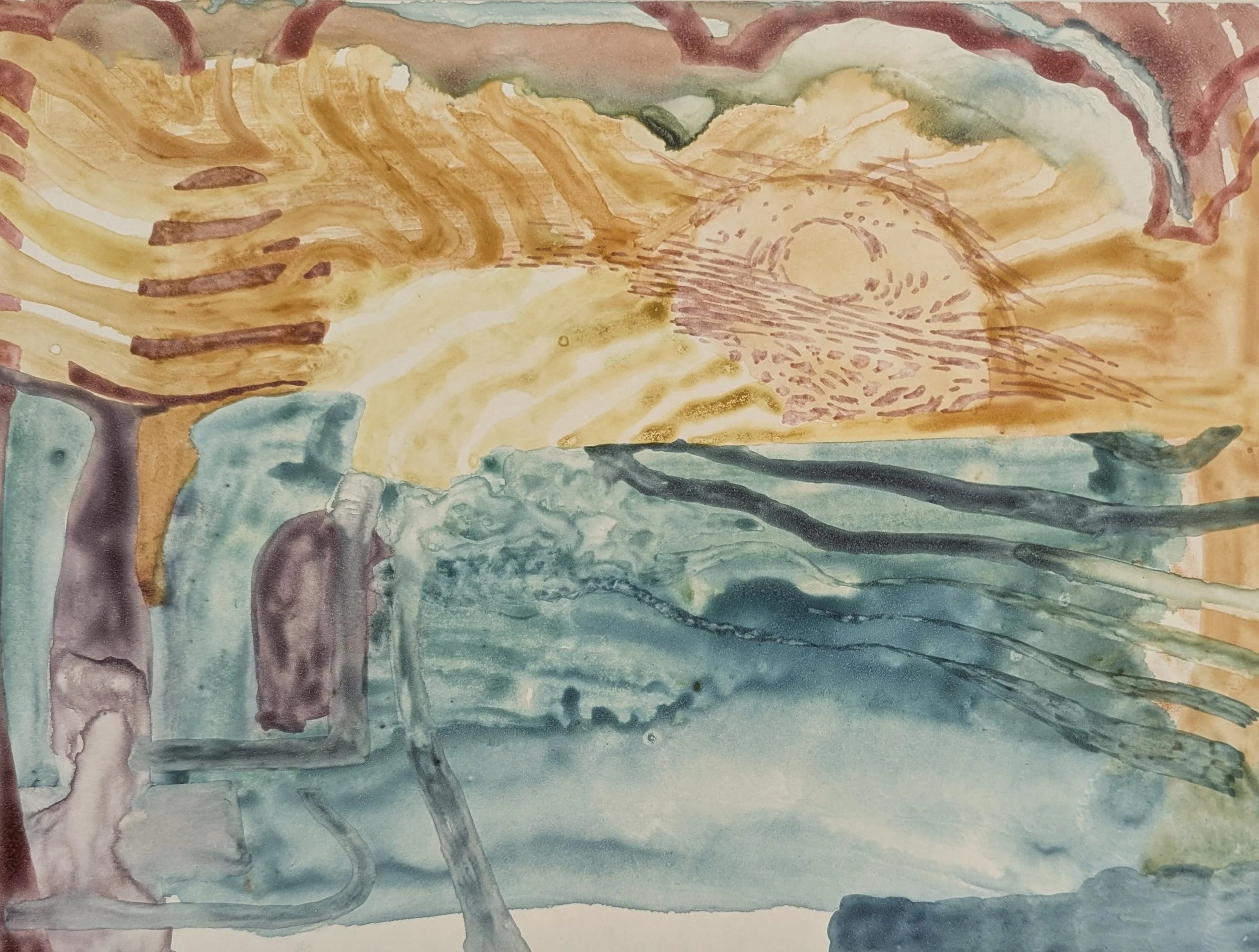 A watercolor painting depicting a sunset over a body of water with trees in the foreground and a cloudy sky.