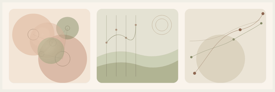 Three abstract data visualization charts with circles, lines, and shaded backgrounds in earthy tones.