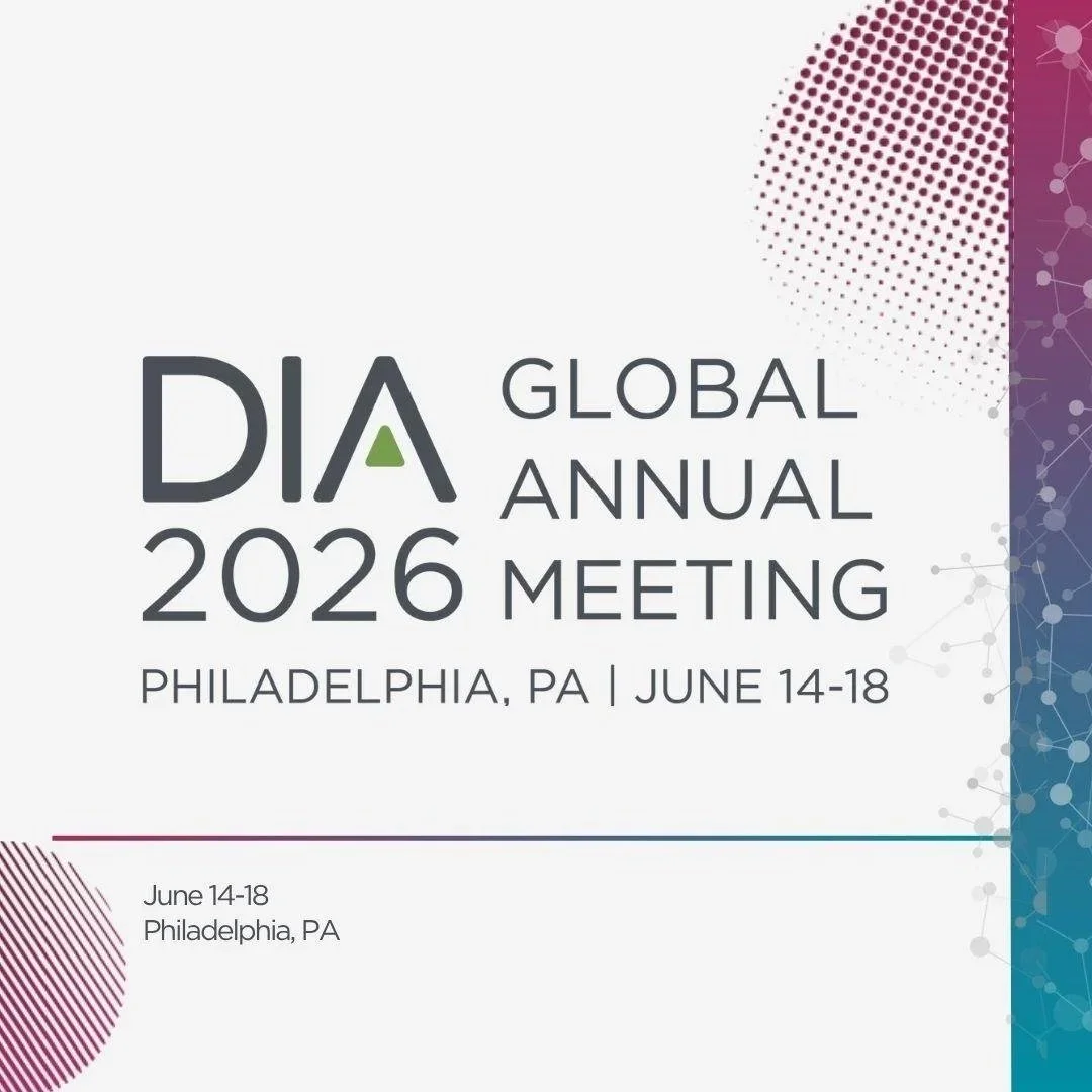 Flyer for DIA Global Annual Meeting 2026, held in Philadelphia, PA, from June 14 to 18, with a modern, colorful background and abstract graphics.