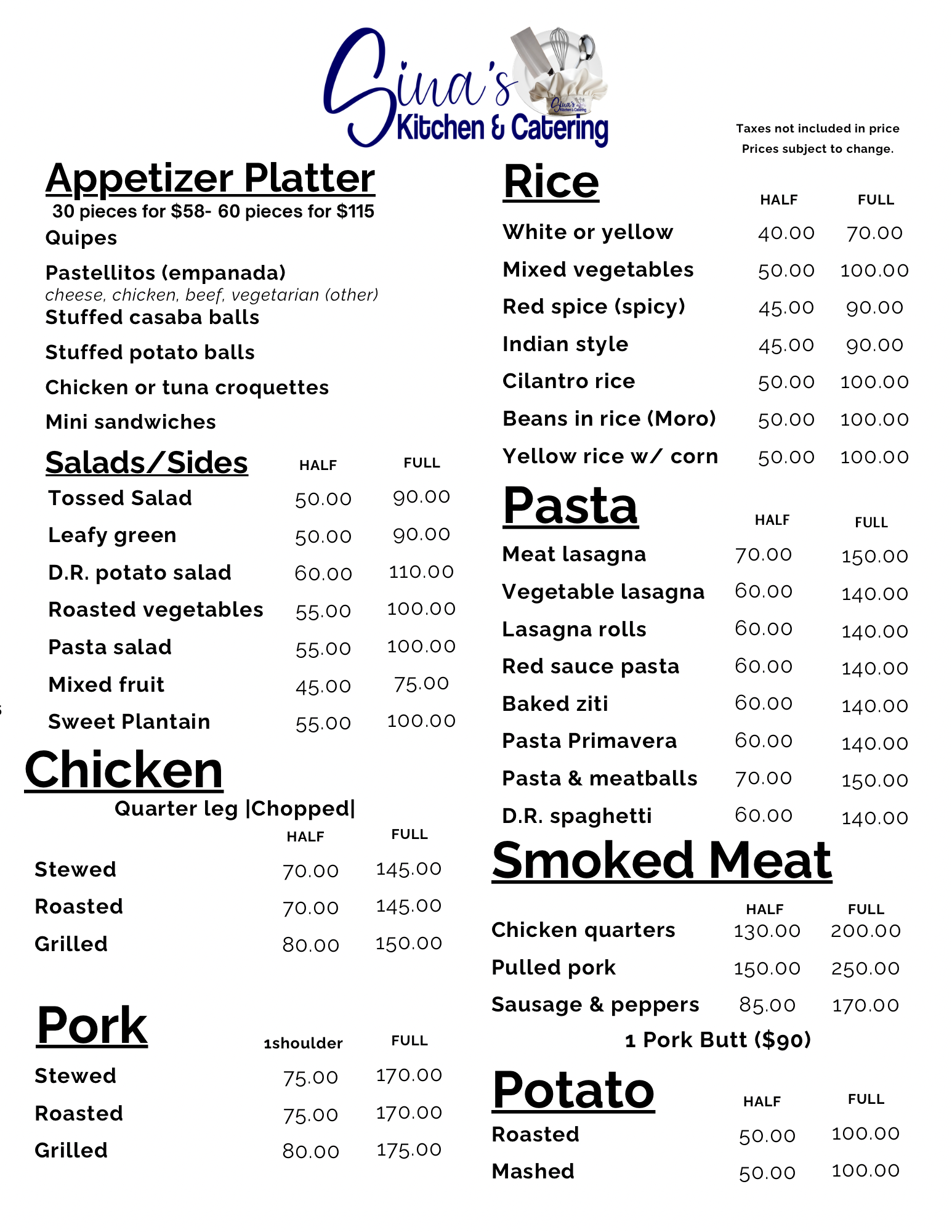 A menu from Gina's Kitchen & Catering listing food items and prices, including appetizers, salads, rice, pasta, smoked meat, pork, potato dishes, and more. The menu specifies prices for half and full portions.