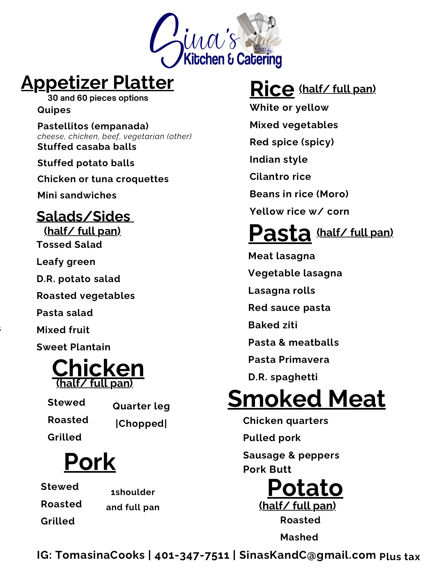 Menu from sina's Kitchen & Catering listing various options for appetizers, salads, chicken, pork, rice, pasta, smoked meat, and potatoes with different types and serving sizes.