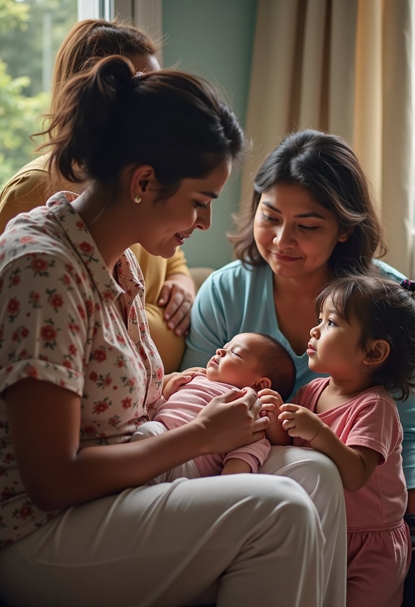 Three women and two young girls are gathered around a sleeping baby inside a home, with a window and curtain in the background.