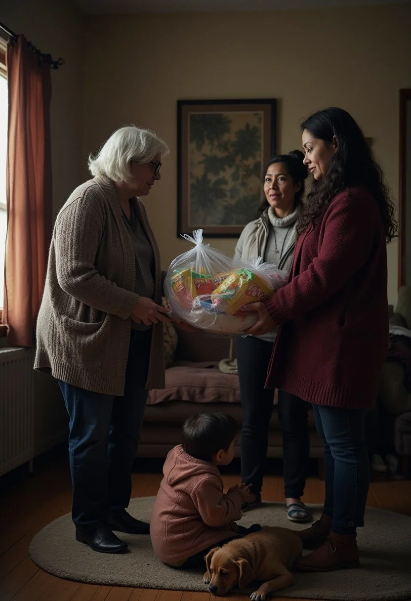 Three women in a living room, one elderly with glasses, two younger, with a child and a dog. They are exchanging a gift basket filled with food.