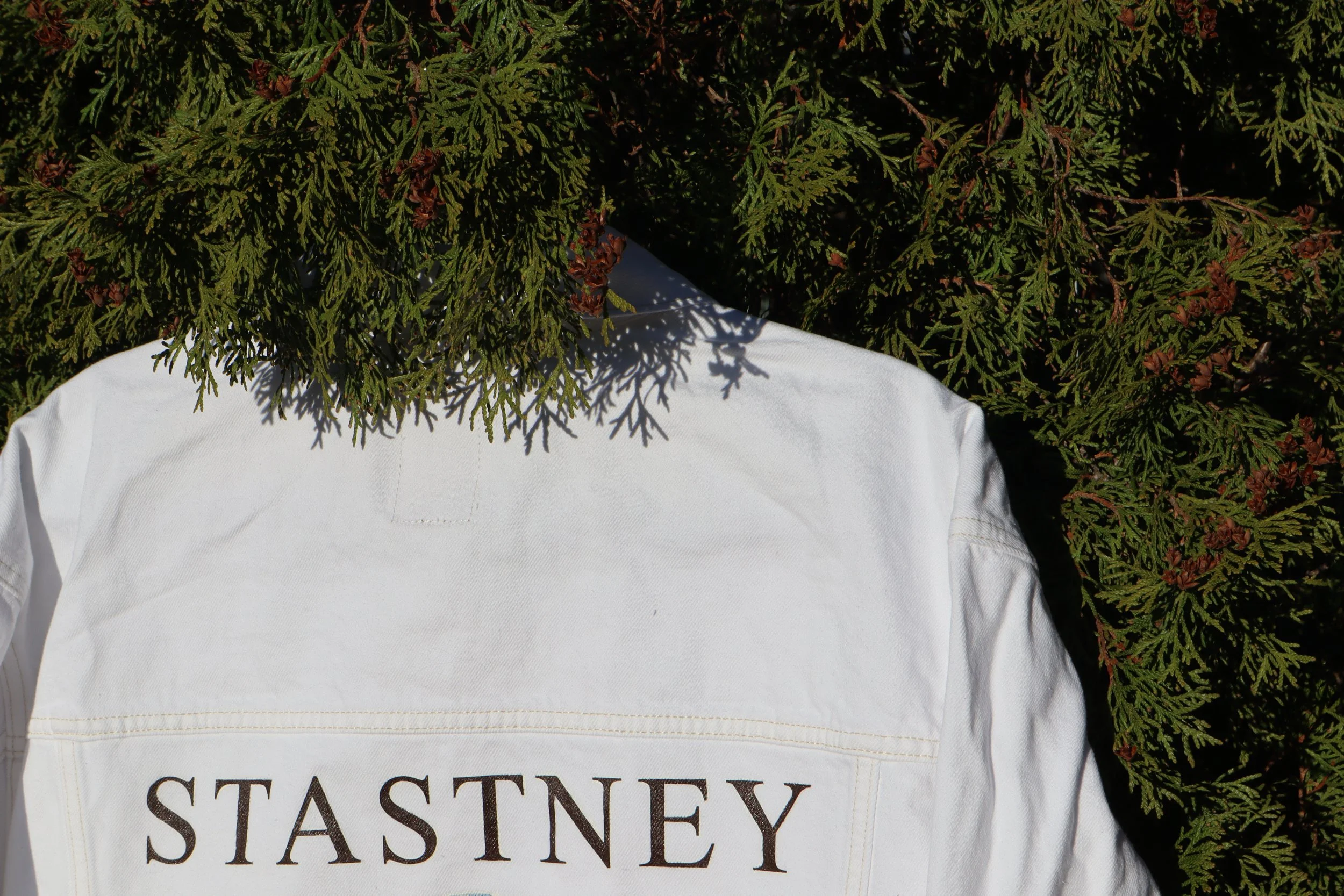 Close-up photo of a person wearing a white shirt with black text that says 'Stanley'. The person's face is obscured by green shrubbery with small brown cones.