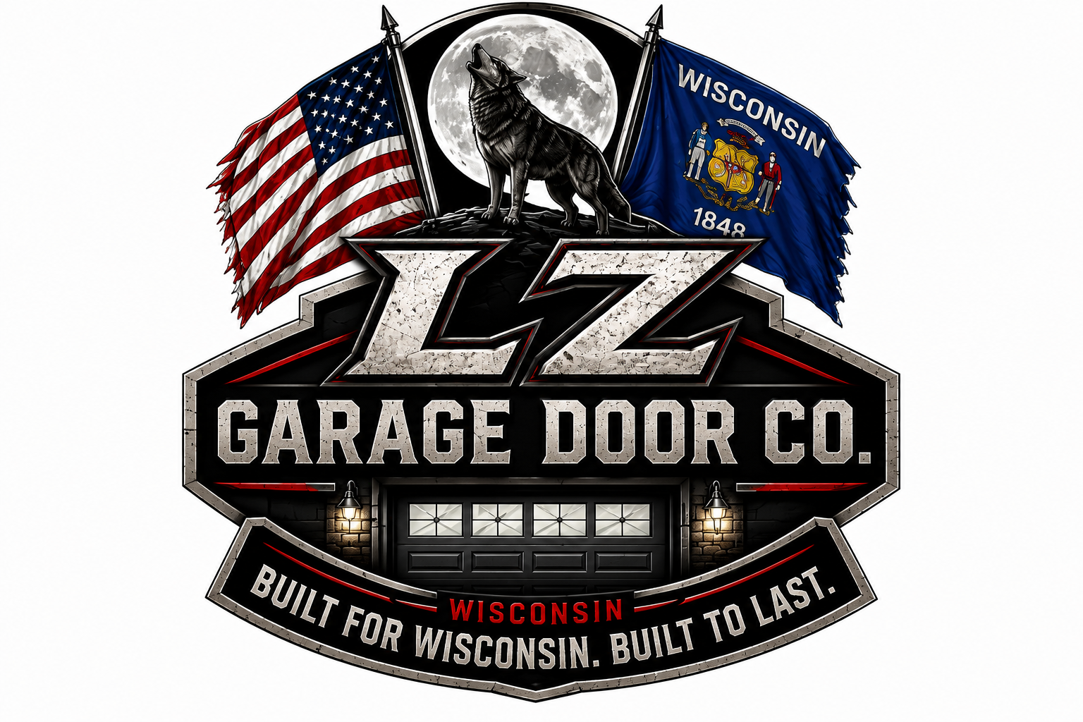 A logo for ZZZ Garage Door Co. featuring a large 'ZZZ' with a wolf howling at the moon, flanked by the American flag and Wisconsin state flag, with the text 'Built for Wisconsin. Built to Last.'