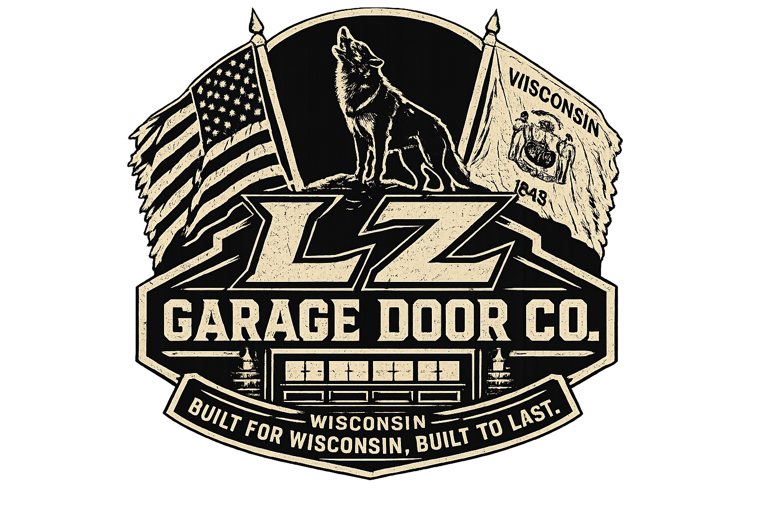 Logo for LG Garage Door Co. featuring a wolf standing on a garage, with flags of the United States and Wisconsin in the background. Text includes Wisconsin and 1943, with a slogan 'Built for Wisconsin, Built to Last'.