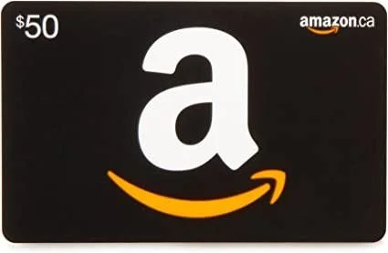 Amazon gift card with a value of 50 dollars, featuring the Amazon logo and website address amazon.ca.